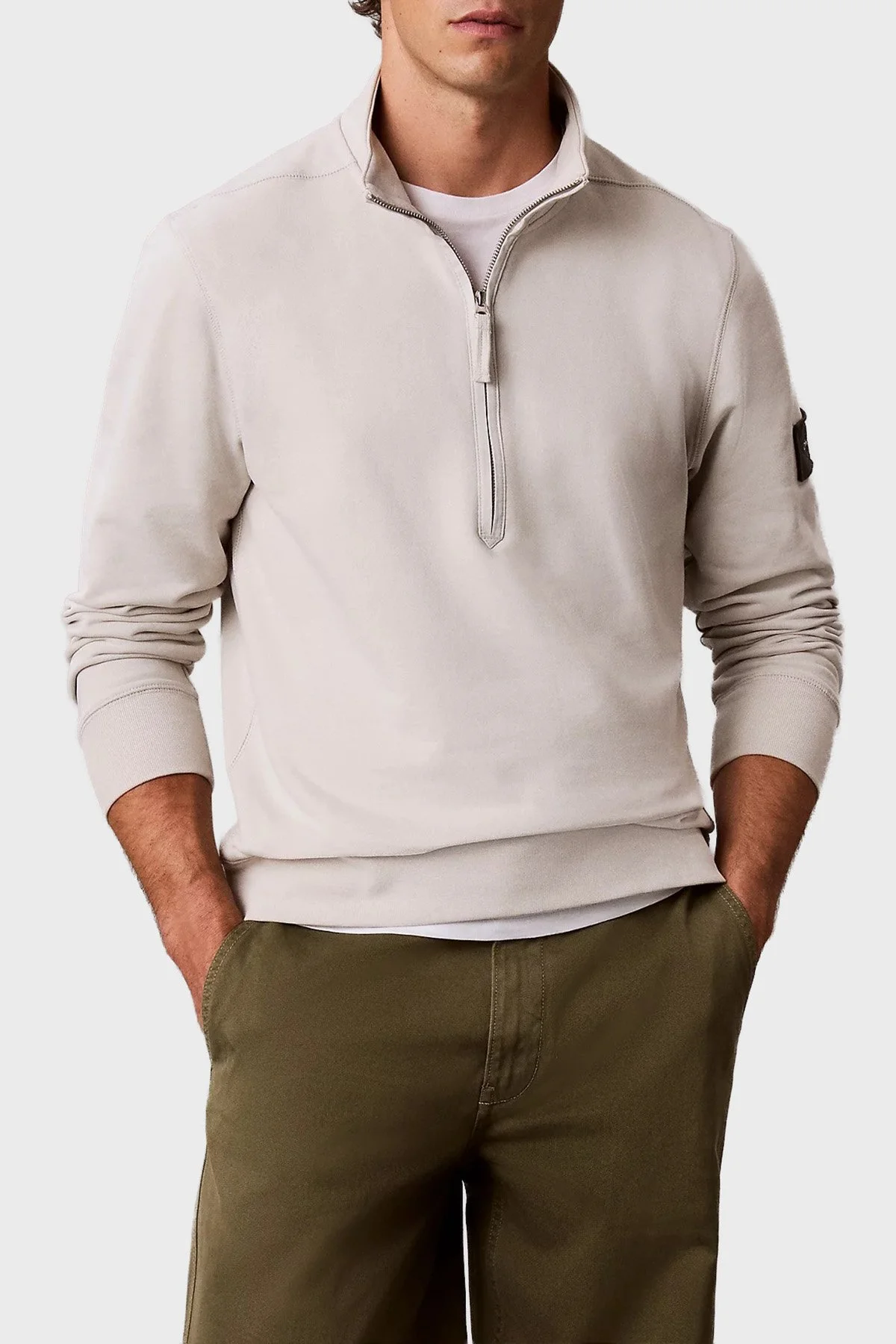 Calvin Klein Logolu Pamuklu Yarım Fermuarlı Dik Yaka LV04RJ203GPDJ Erkek Sweat LV04RJ203G PDJ Ekru - 1