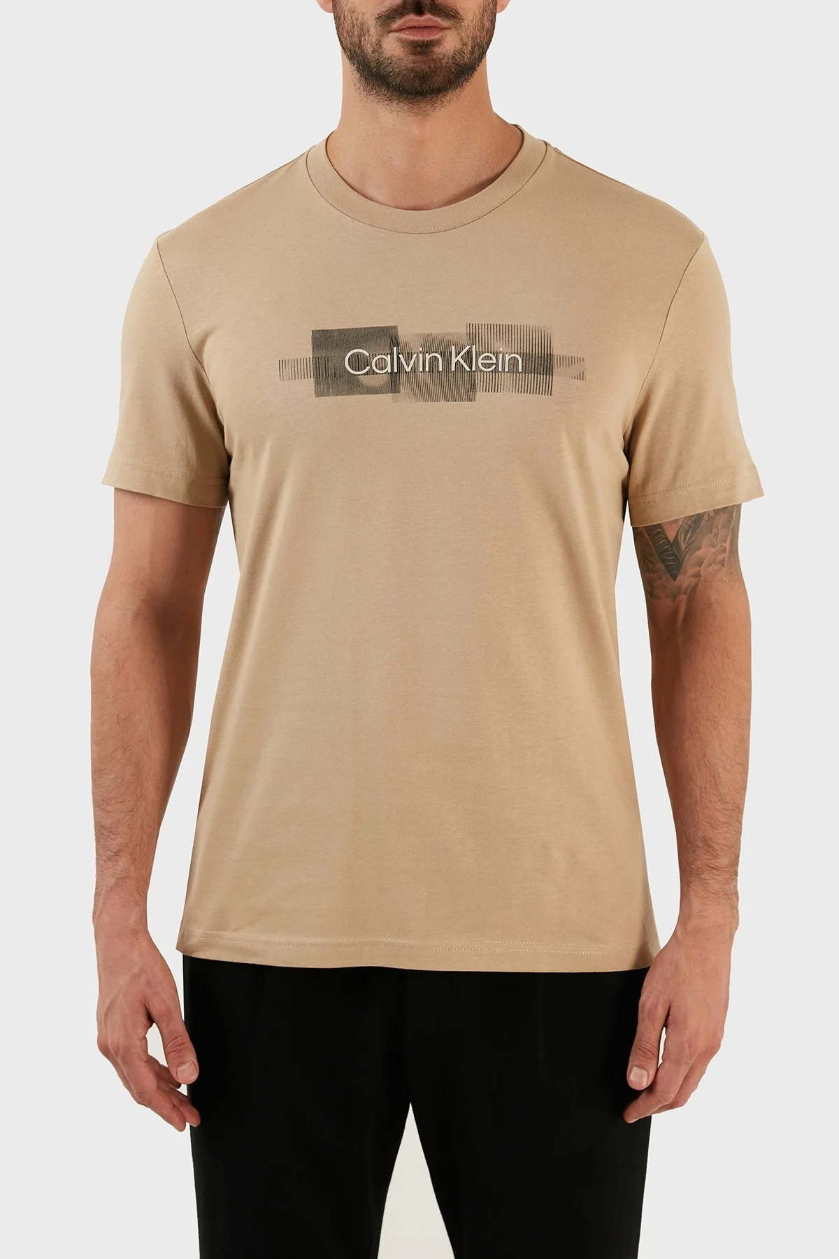 Calvin Klein Logolu Regular Fit Bisiklet Yaka % 100 Pamuk Erkek T Shirt K10K110799 PF2 BEJ - 1