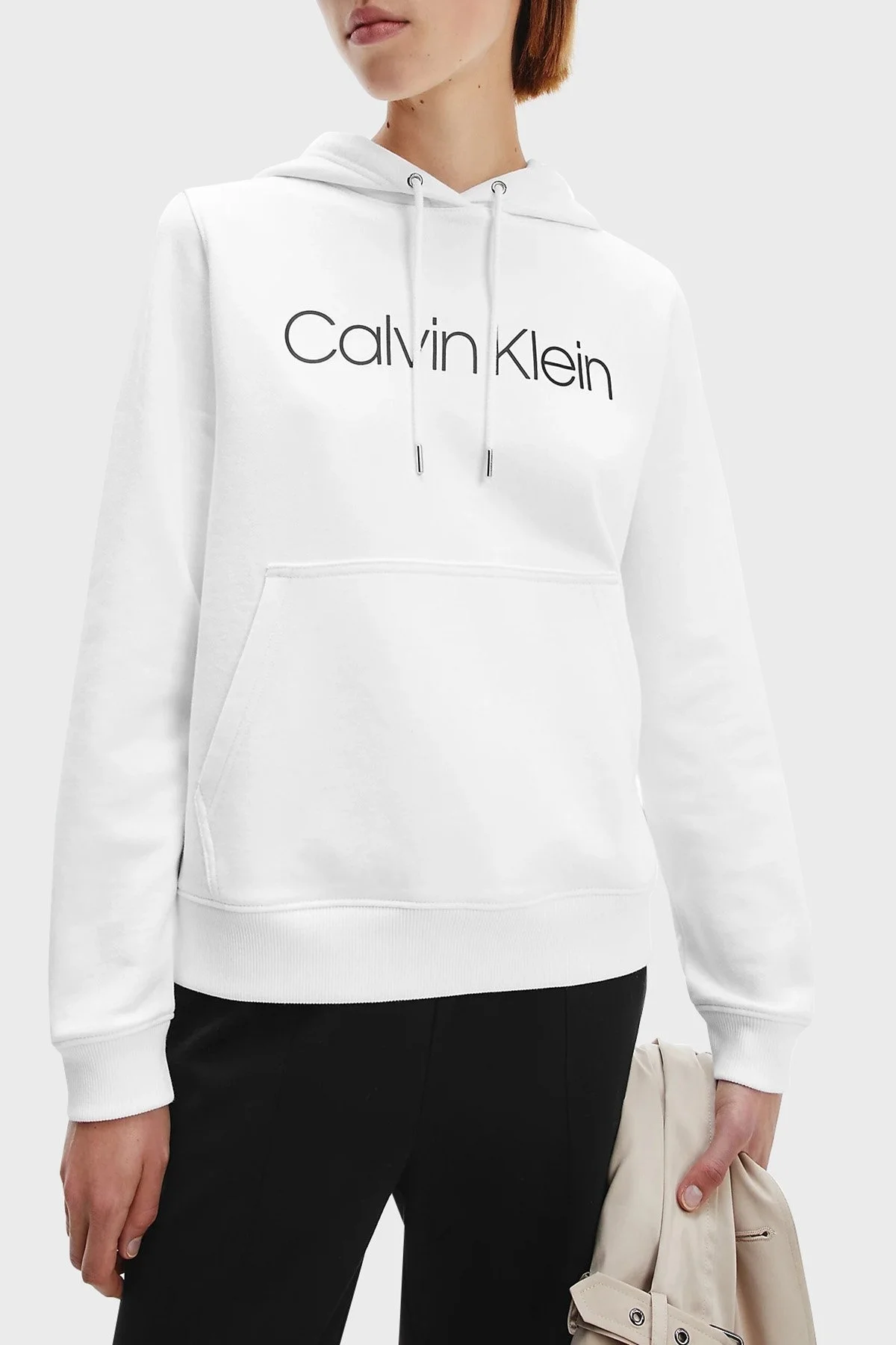 Calvin Klein Logolu Regular Fit Kapüşonlu Kanguru Cepli % 100 Pamuk Bayan Sweat K20K202687 YAF BEYAZ - 1