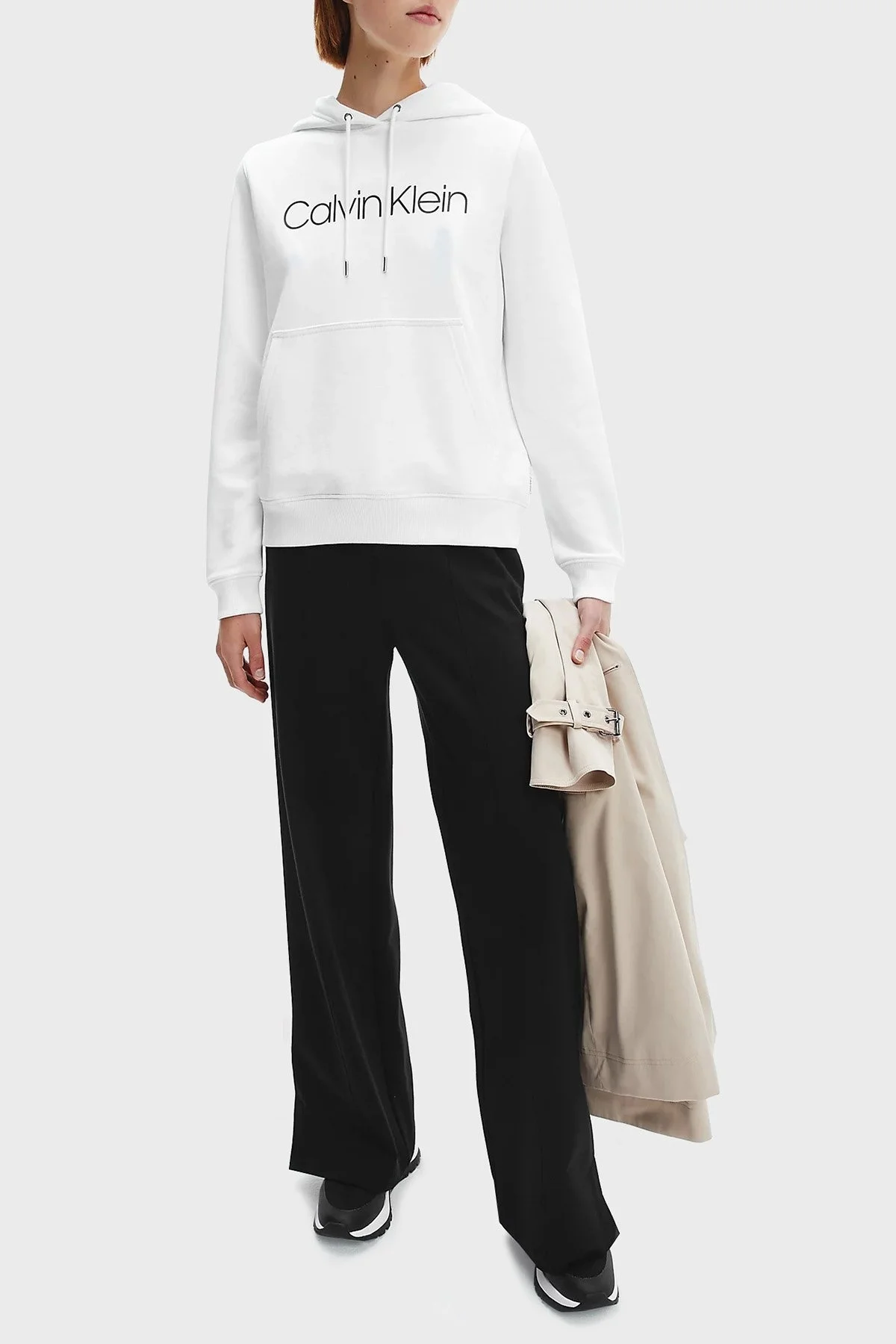 Calvin Klein Logolu Regular Fit Kapüşonlu Kanguru Cepli % 100 Pamuk Bayan Sweat K20K202687 YAF BEYAZ - 2