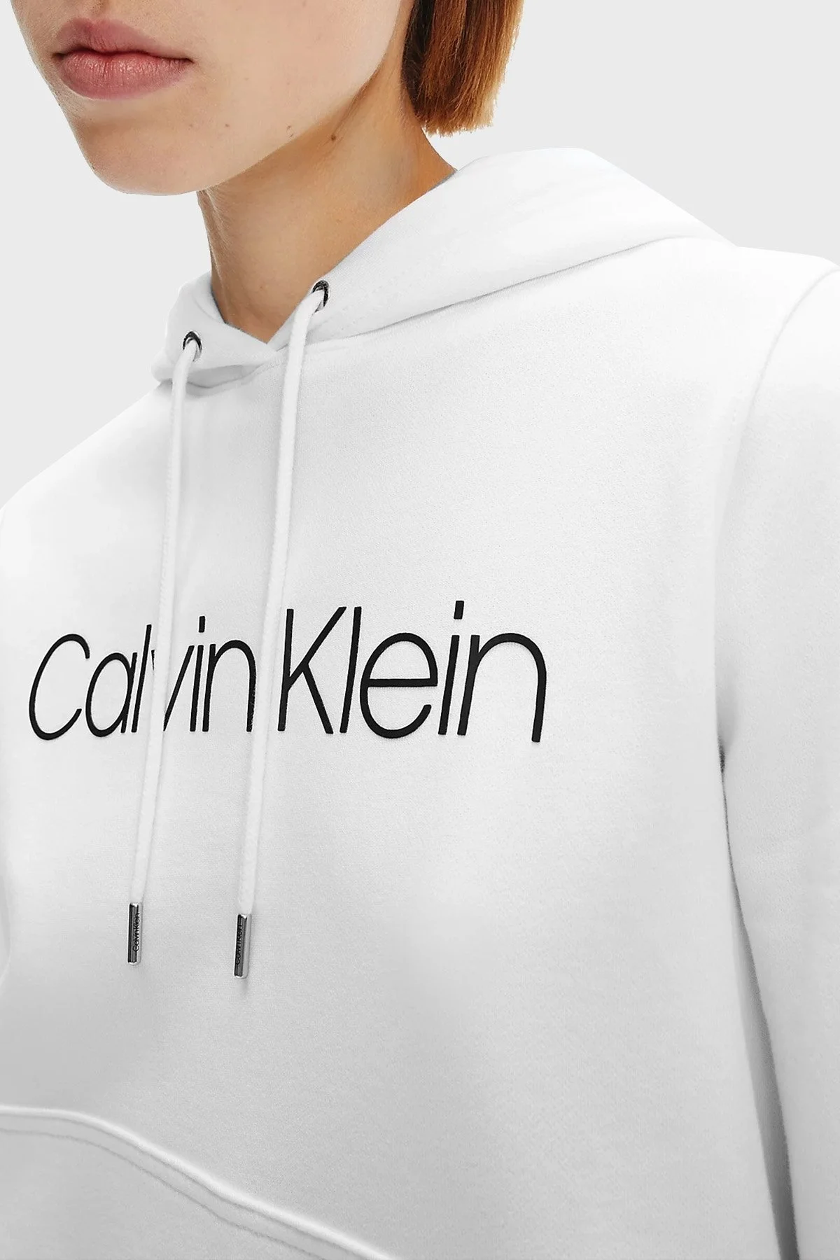 Calvin Klein Logolu Regular Fit Kapüşonlu Kanguru Cepli % 100 Pamuk Bayan Sweat K20K202687 YAF BEYAZ - 3