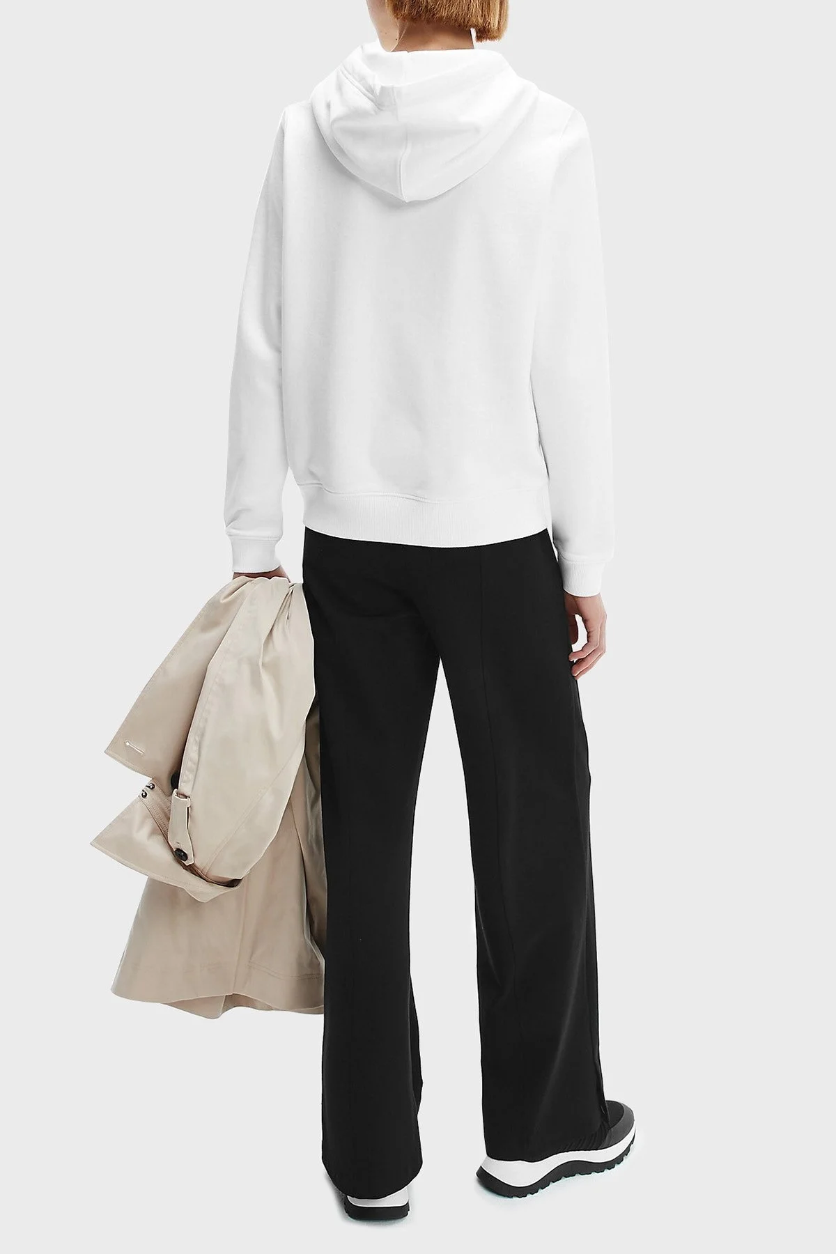 Calvin Klein Logolu Regular Fit Kapüşonlu Kanguru Cepli % 100 Pamuk Bayan Sweat K20K202687 YAF BEYAZ - 4