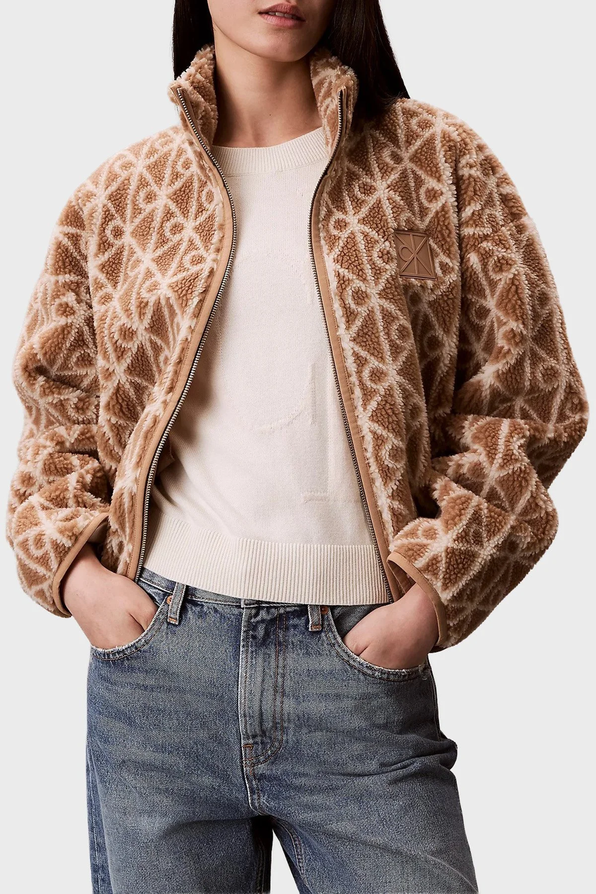 Calvin Klein Logolu Relaxed Fit Dik Yaka Peluş LV144E226GK2U Bayan Ceket LV144E226G K2U SÜTLÜ KAHVE - 1