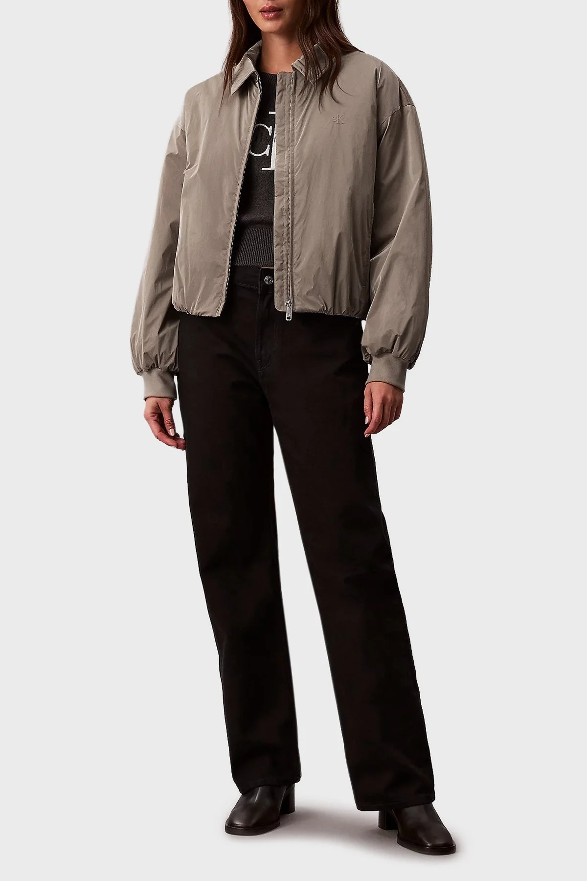 Calvin Klein Logolu Relaxed Fit Klasik Yaka Bomber LV047E508GVFU Bayan Ceket LV047E508G VFU VİZON - 2