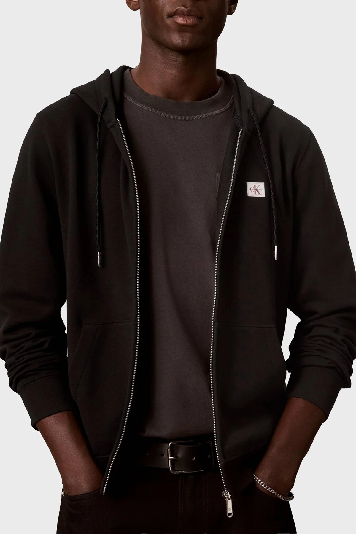 Calvin Klein Logolu Şardonlu Pamuk Karışımlı Kapüşonlu Fermuarlı LV04RH234GUB1 Erkek Sweat LV04RH234G UB1 Siyah - 1