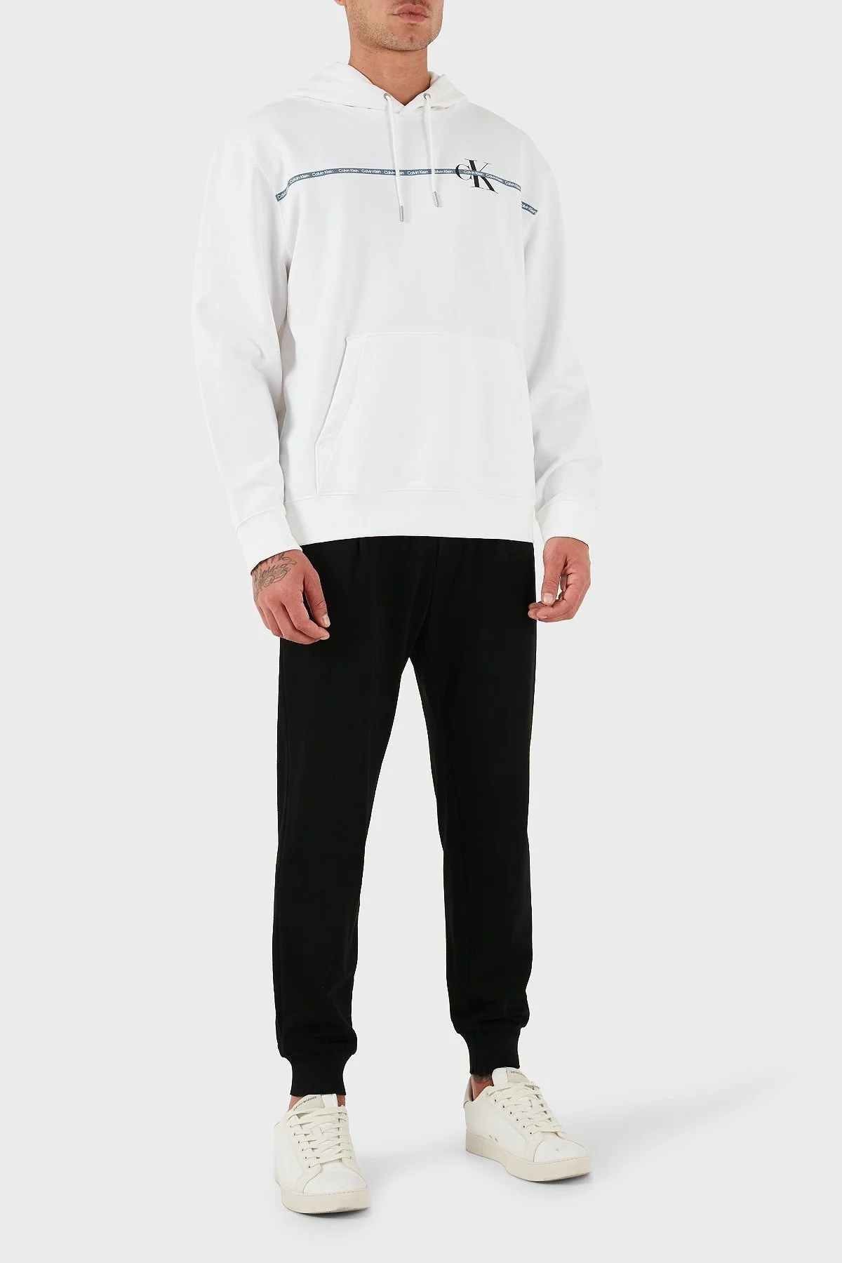 Calvin Klein Logolu Şerit Detaylı Regular Fit Kapüşonlu LV04RC289GYAF Erkek Sweat LV04RC289G YAF BEYAZ - 2