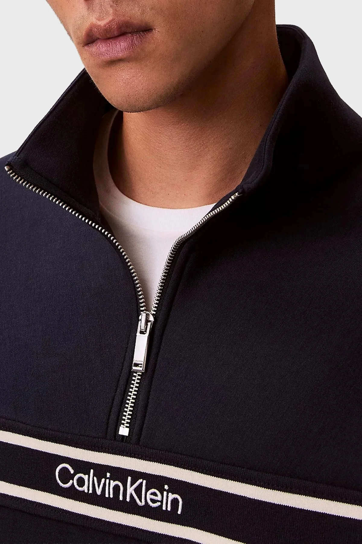 Calvin Klein Logolu Şerit Detaylı Relaxed Fit Dik Yaka LV04RE221GCEF Erkek Sweat LV04RE221G CEF LACİVERT - 4