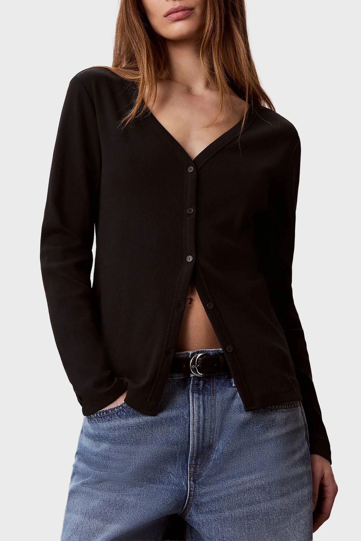 Calvin Klein Logolu V Yaka Düğmeli LV047G207GUB1 Kadın Hırka LV047G207G UB1 Siyah - 1