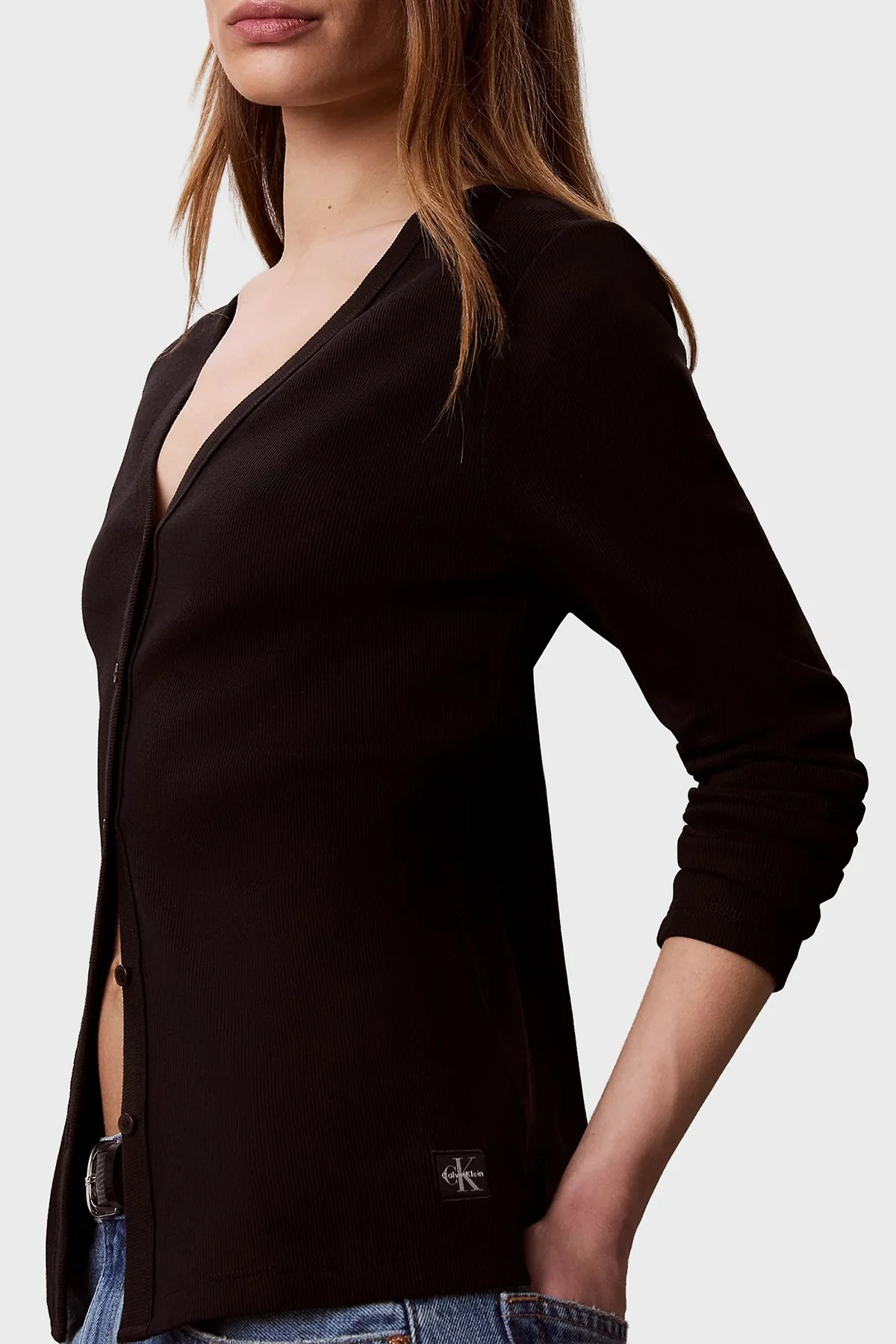 Calvin Klein Logolu V Yaka Düğmeli LV047G207GUB1 Kadın Hırka LV047G207G UB1 Siyah - 4