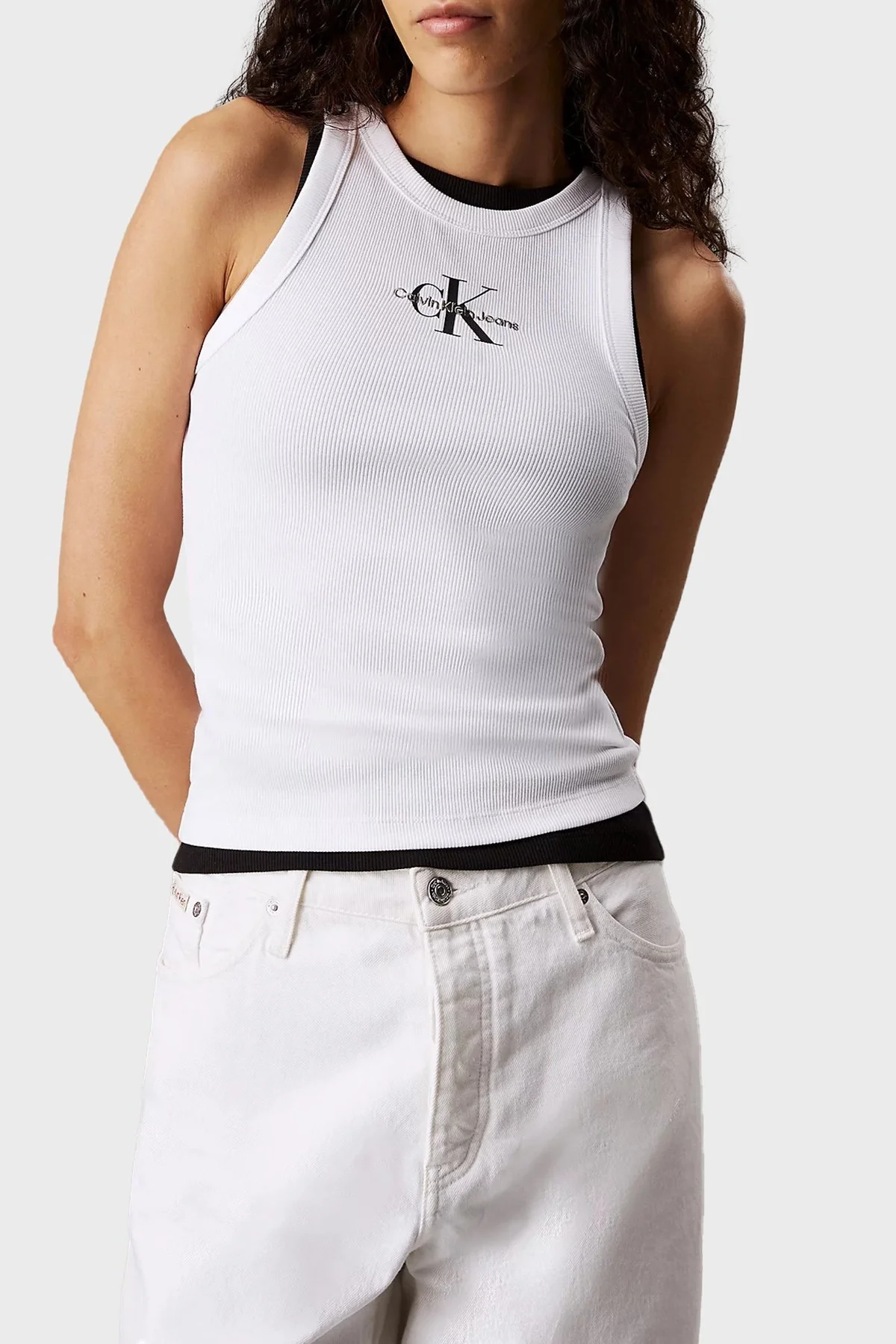 Calvin Klein Monogram Logo Baskılı Streç Pamuklu Slim Fit J20J225301YAA Bayan Top J20J225301 YAA BEYAZ - 5
