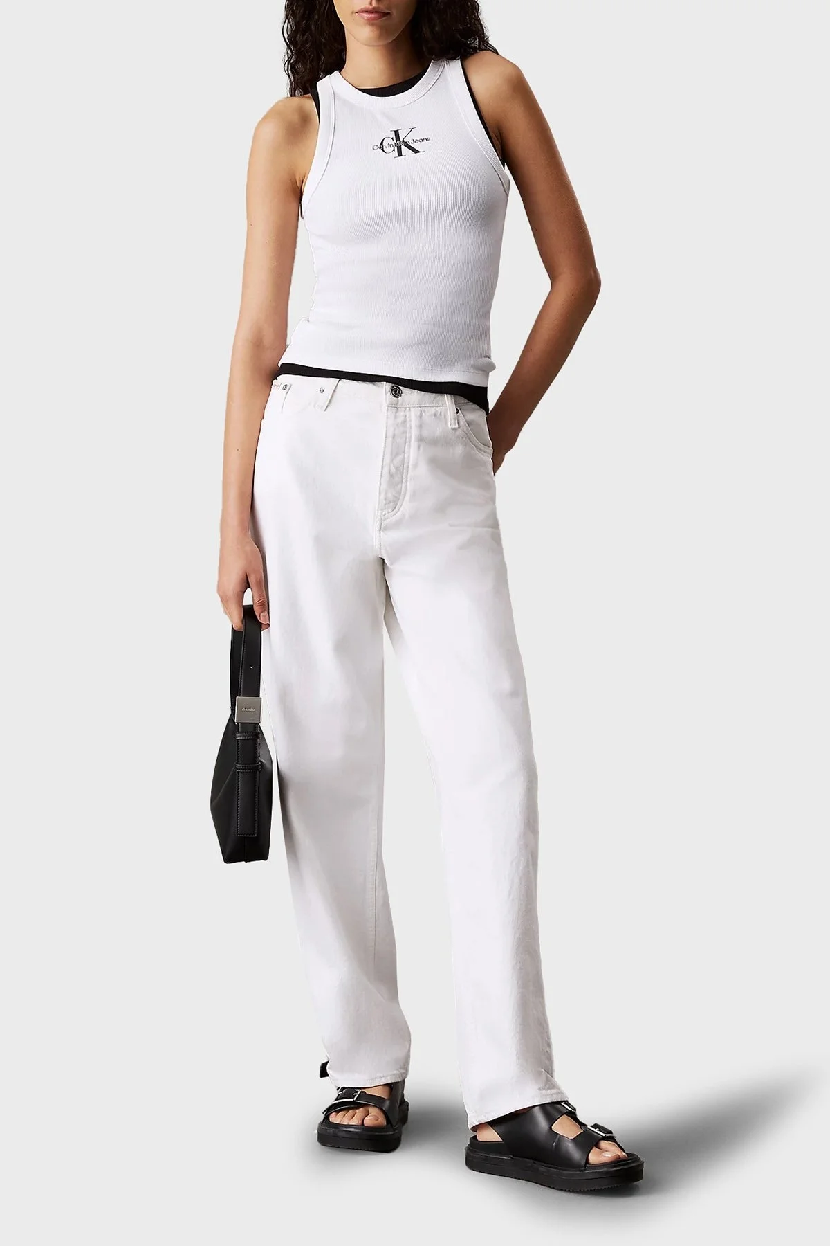 Calvin Klein Monogram Logo Baskılı Streç Pamuklu Slim Fit J20J225301YAA Bayan Top J20J225301 YAA BEYAZ - 6