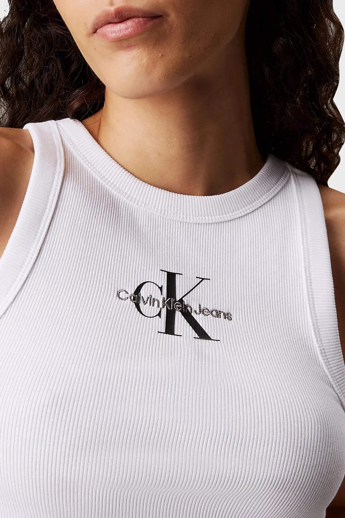 Calvin Klein Monogram Logo Baskılı Streç Pamuklu Slim Fit J20J225301YAA Bayan Top J20J225301 YAA BEYAZ - 8