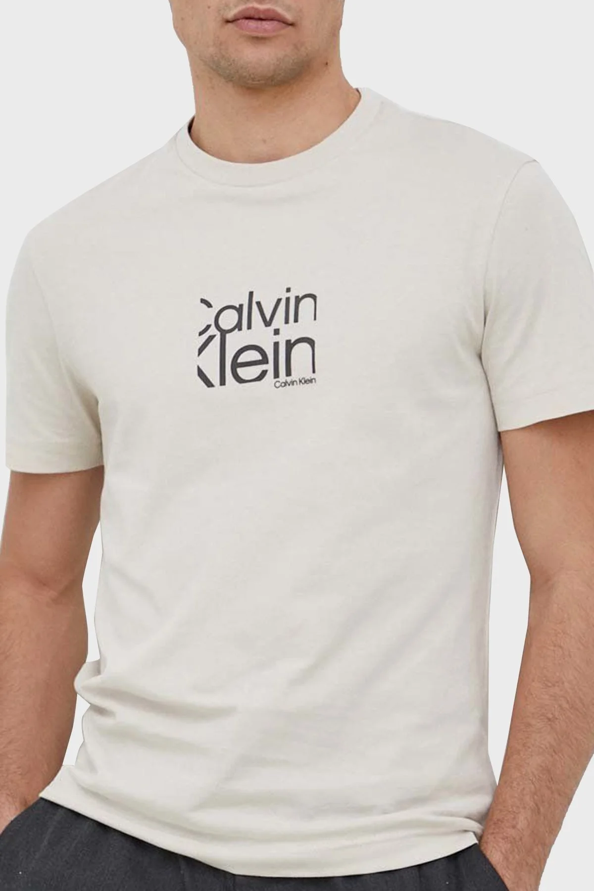 Calvin Klein Organik Pamuklu Regular Fit K10K111122ACE Erkek T Shirt K10K111122 ACE BEJ - 1