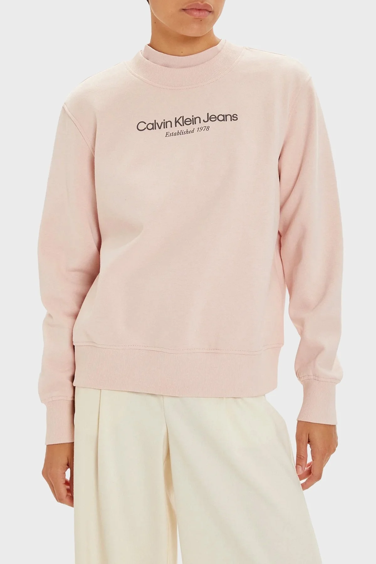Calvin Klein Pamuk Karışımlı Regular Fit Sıfır Yaka Logolu J20J224913TER Bayan Sweat J20J224913 TER PUDRA - 1