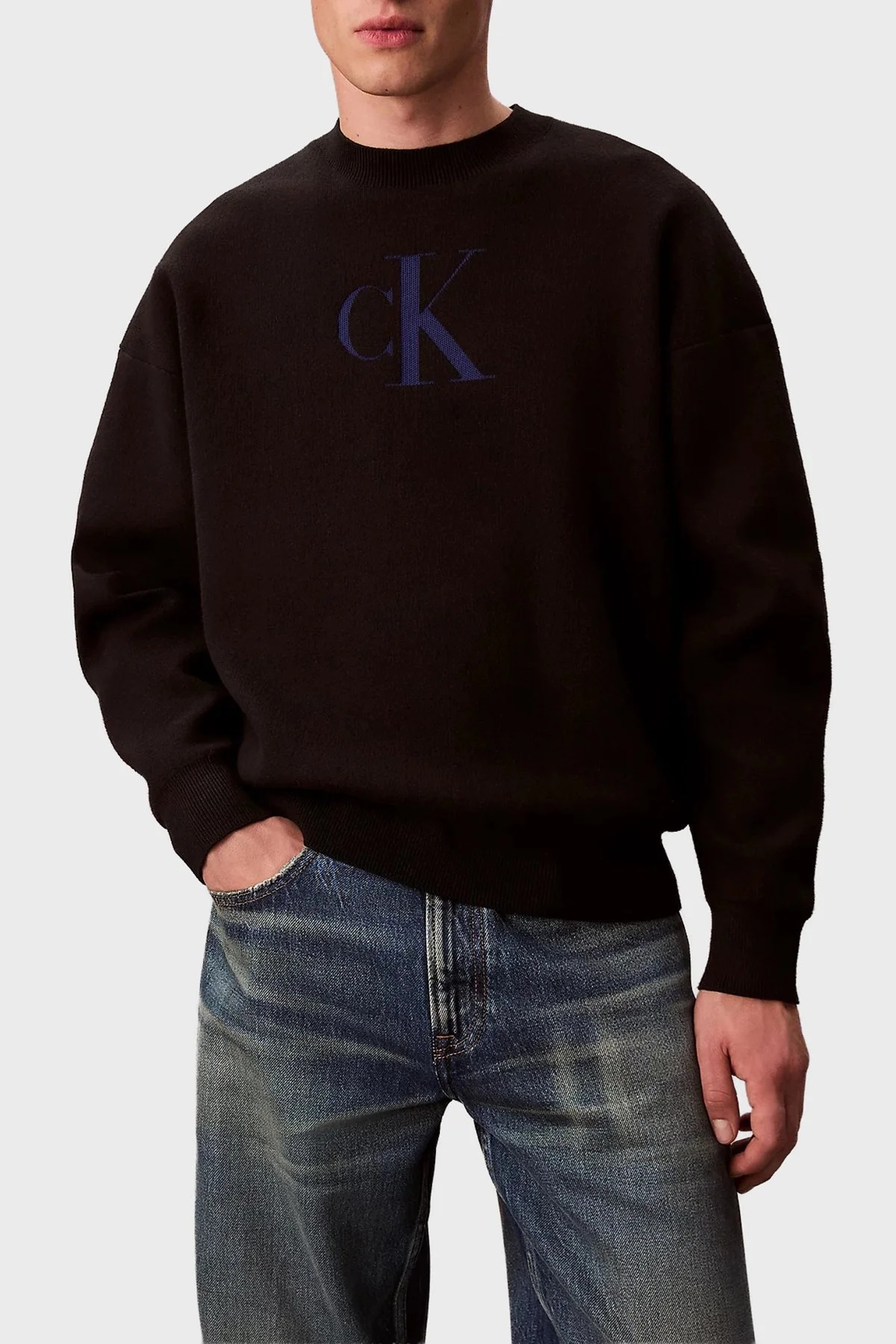 Calvin Klein Pamuk ve Kaşmir Karışımlı Relaxed Fit Logolu LV04RD305GUB1 Erkek Kazak LV04RD305G UB1 SİYAH - 5