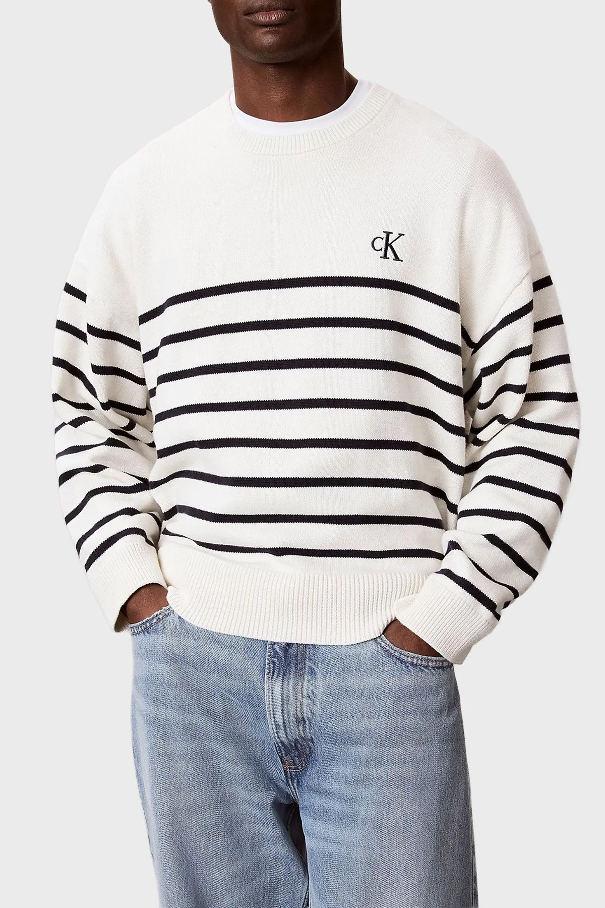 Calvin Klein Pamuk ve Kaşmir Karışımlı Relaxed Fit Logolu LV04RG305GYAS Erkek Kazak LV04RG305G YAS Krem - 1