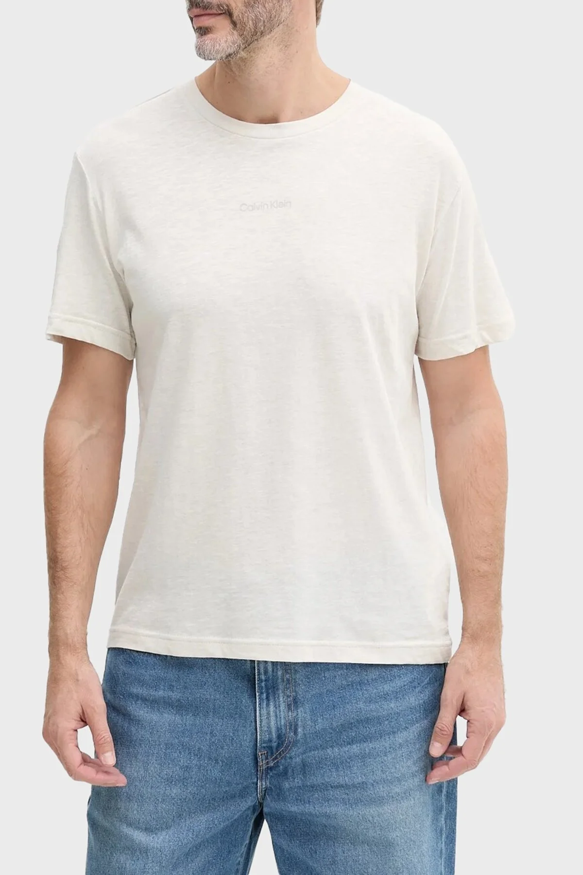 Calvin Klein Pamuk ve Keten Karışımlı Regular Fit Bisiklet Yaka KM0KM01138ADA Erkek T Shirt KM0KM01138 ADA KREM - 5