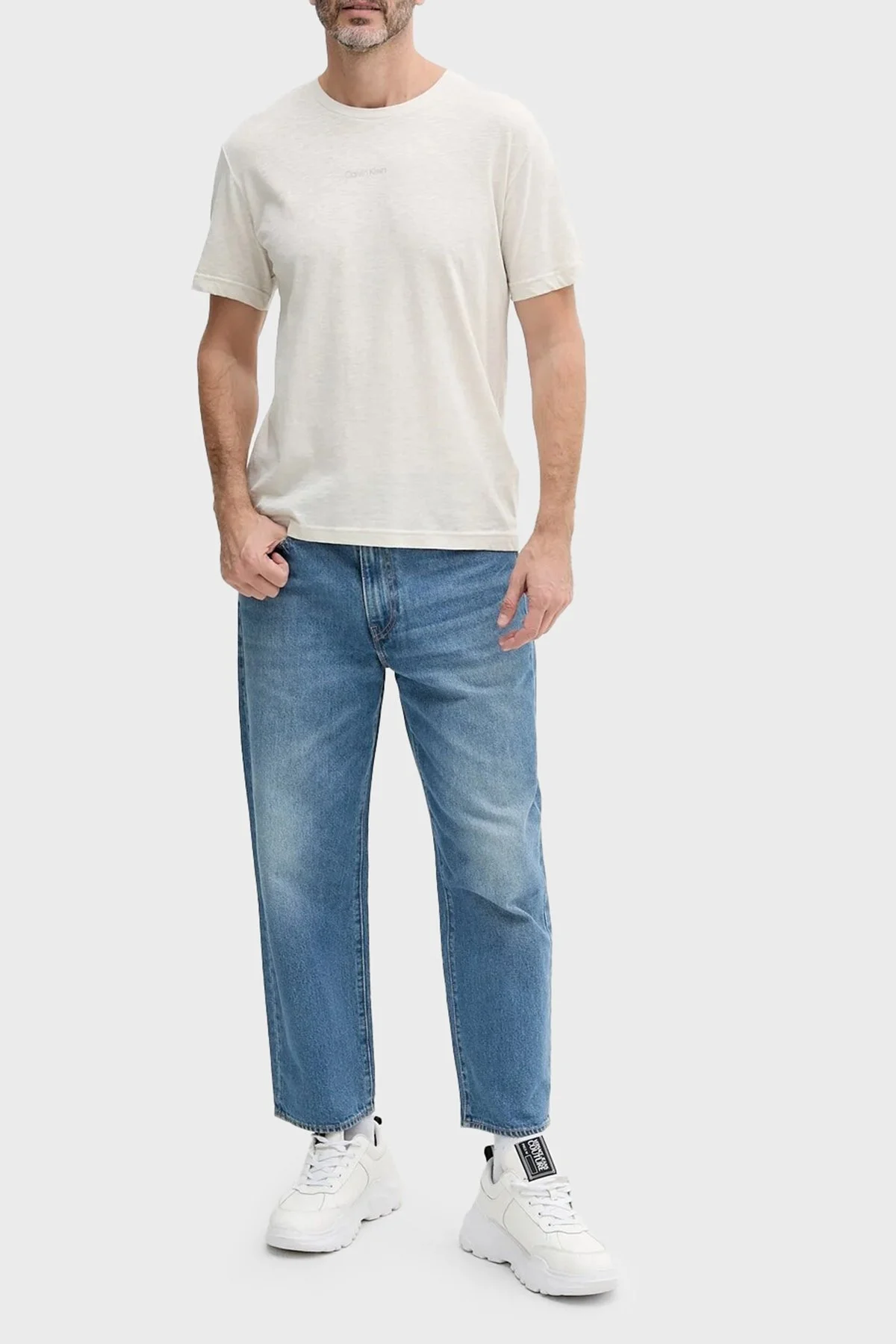 Calvin Klein Pamuk ve Keten Karışımlı Regular Fit Bisiklet Yaka KM0KM01138ADA Erkek T Shirt KM0KM01138 ADA KREM - 6