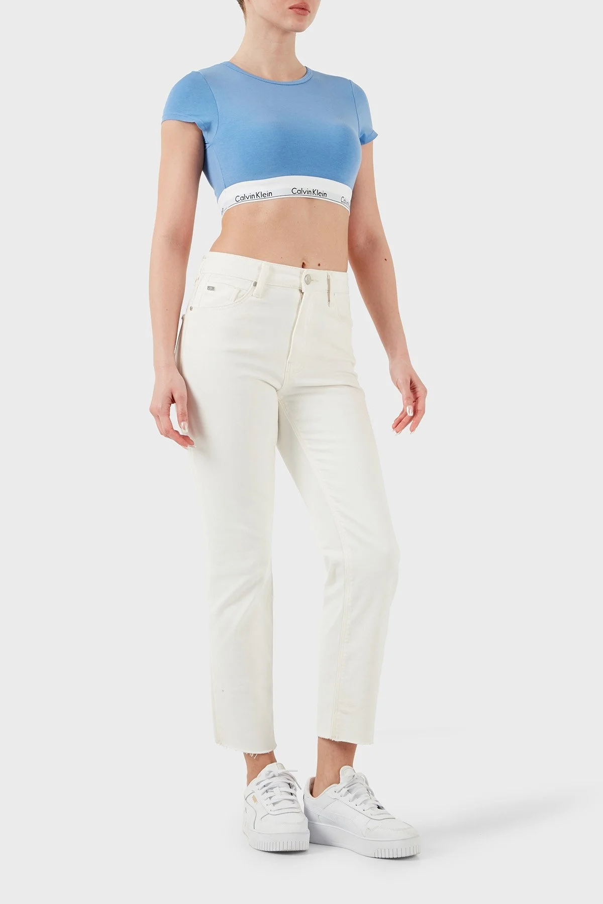 Calvin Klein Pamuk ve Modal Karışımlı Slim Fit Logolu LV00QF7213PWB Bayan Top LV00QF7213 PWB MAVİ - 9