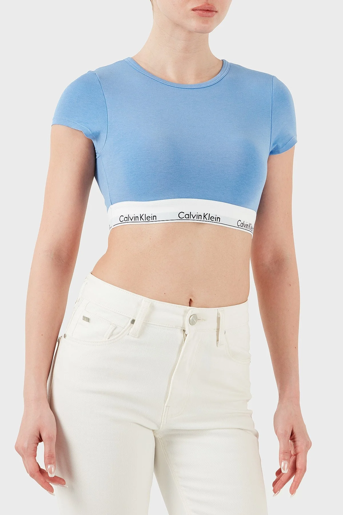 Calvin Klein Pamuk ve Modal Karışımlı Slim Fit Logolu LV00QF7213PWB Bayan Top LV00QF7213 PWB MAVİ - 13