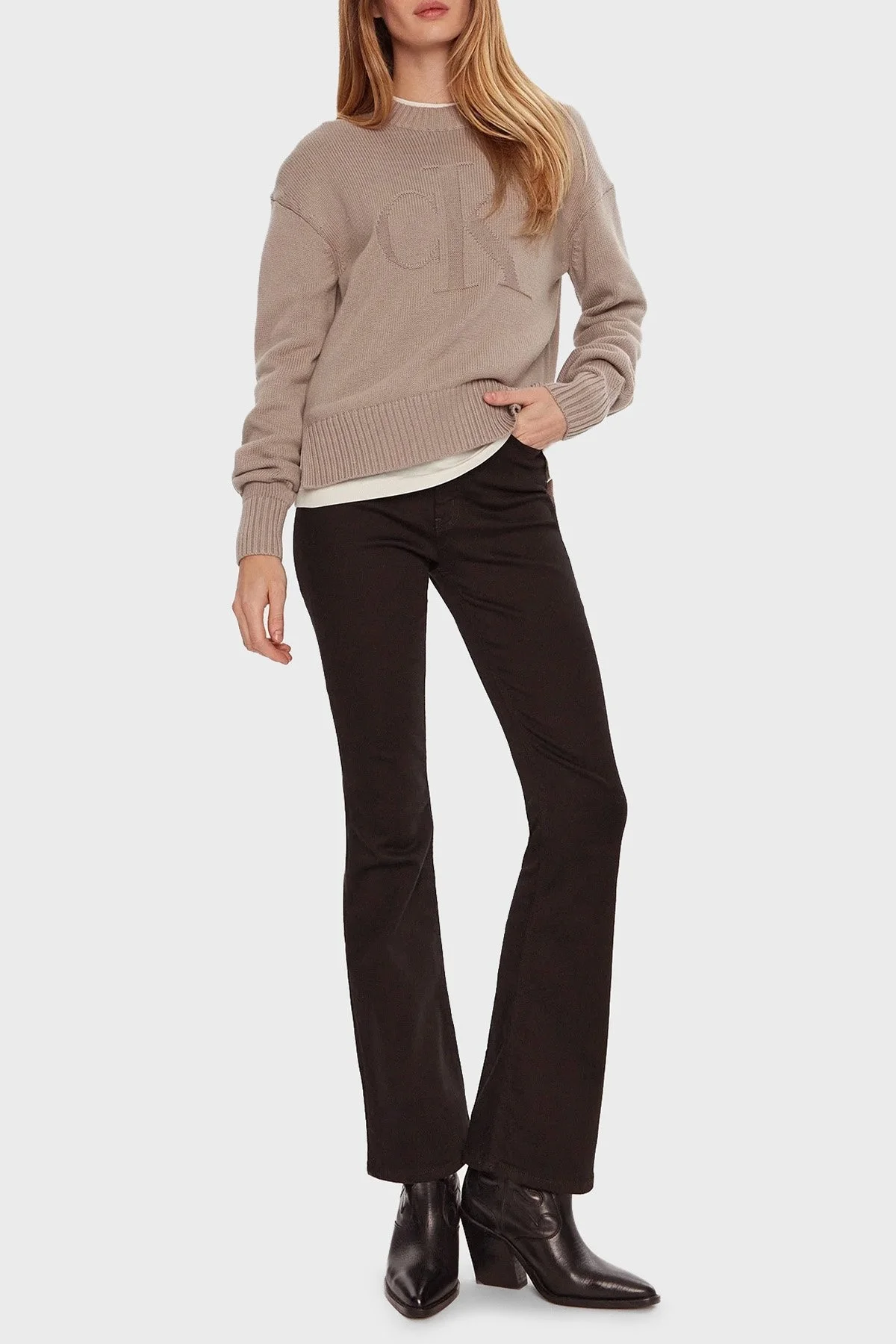 Calvin Klein Pamuk ve Yün Karışımlı Regular Fit J20J224224PCF Bayan Kazak J20J224224 PCF BEJ - 2