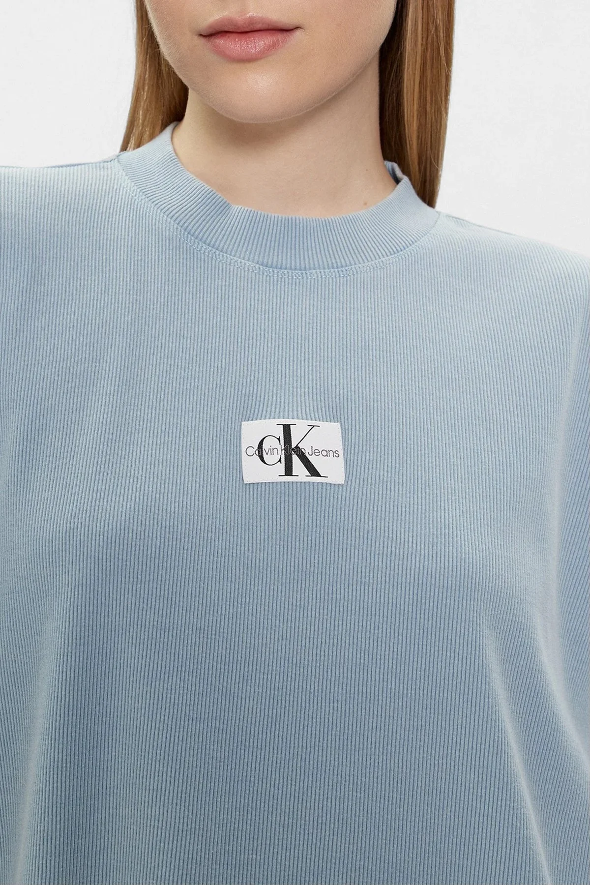 Calvin Klein Pamuklu Bisiklet Yaka Boyfriend Streç Pamuklu Jarse J20J223278CEZ Bayan T Shirt J20J223278 CEZ AÇIK MAVİ - 3