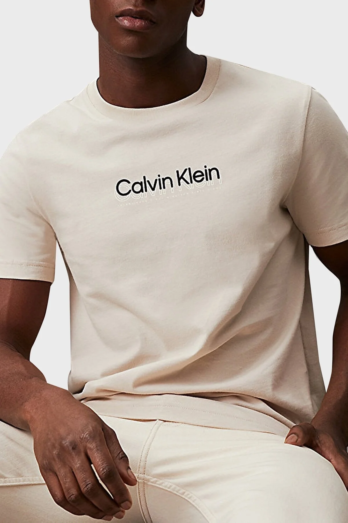 Calvin Klein Pamuklu Bisiklet Yaka K10K113118ACE Erkek T Shirt K10K113118 ACE BEJ - 1