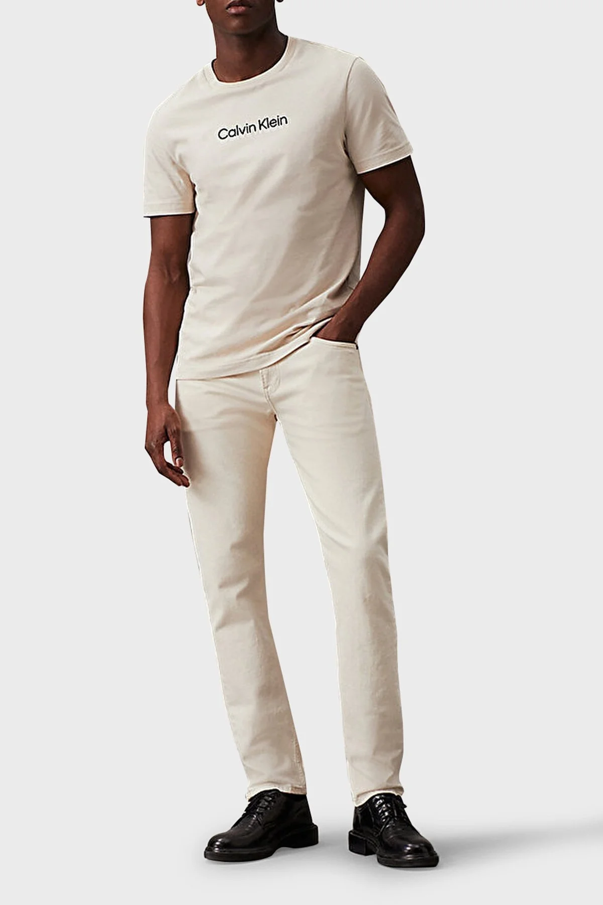 Calvin Klein Pamuklu Bisiklet Yaka K10K113118ACE Erkek T Shirt K10K113118 ACE BEJ - 3