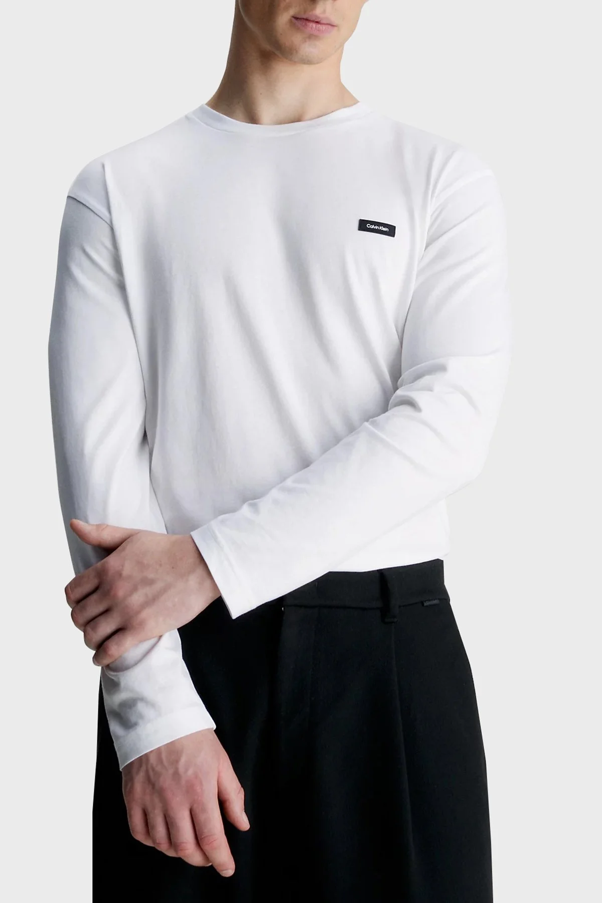 Calvin Klein Pamuklu Bisiklet Yaka Uzun Kollu Regular Fit K10K111847YAF Erkek T Shirt K10K111847 YAF BEYAZ - 1