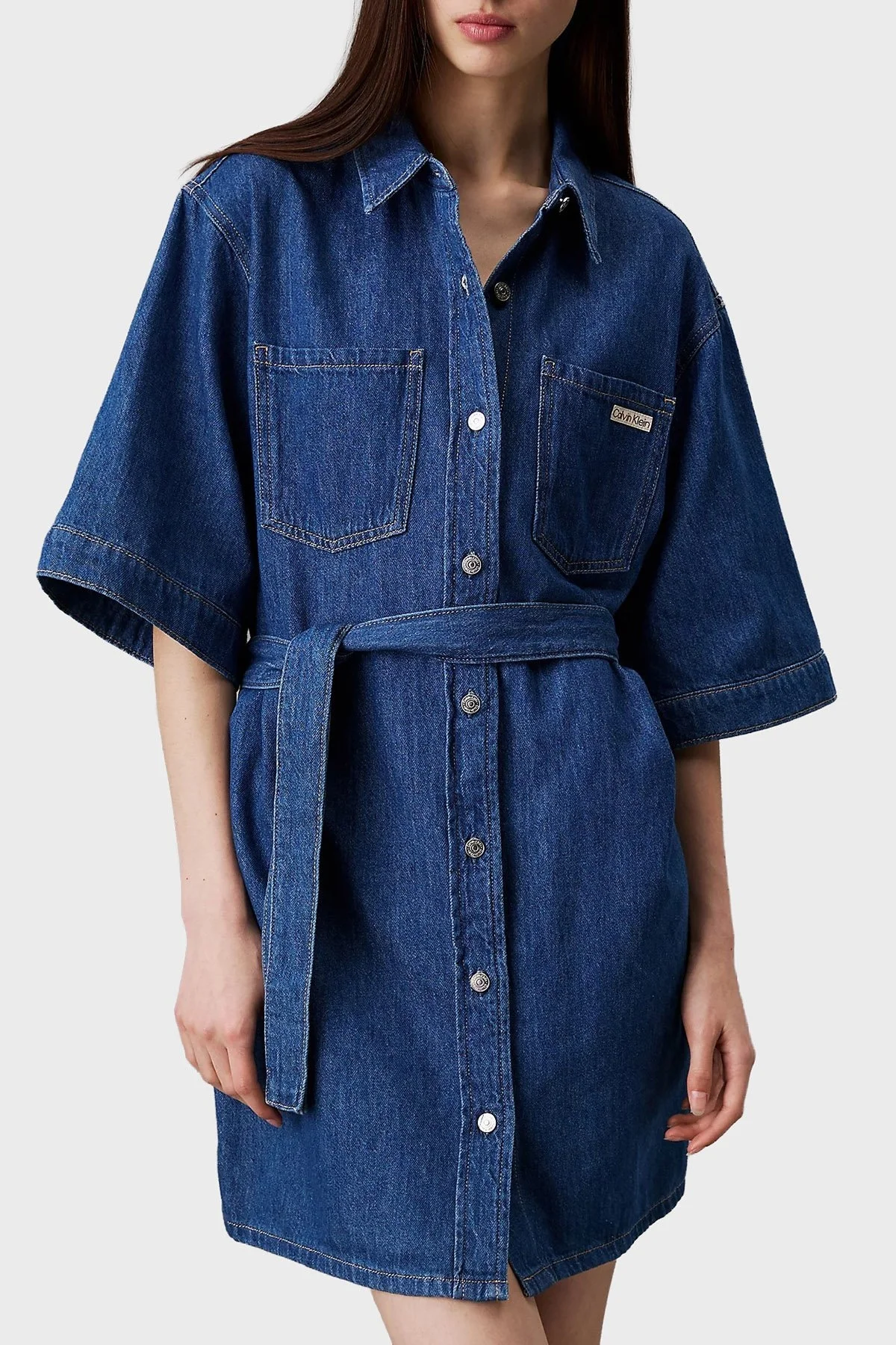 Calvin Klein Pamuklu Boxy Fit Mini Kot Gömlek J20J2251691A4 Bayan Elbise J20J225169 1A4 LACİVERT - 5