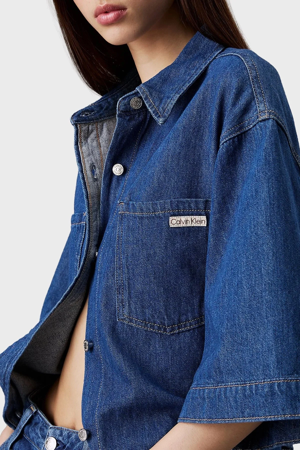 Calvin Klein Pamuklu Boxy Fit Mini Kot Gömlek J20J2251691A4 Bayan Elbise J20J225169 1A4 LACİVERT - 8