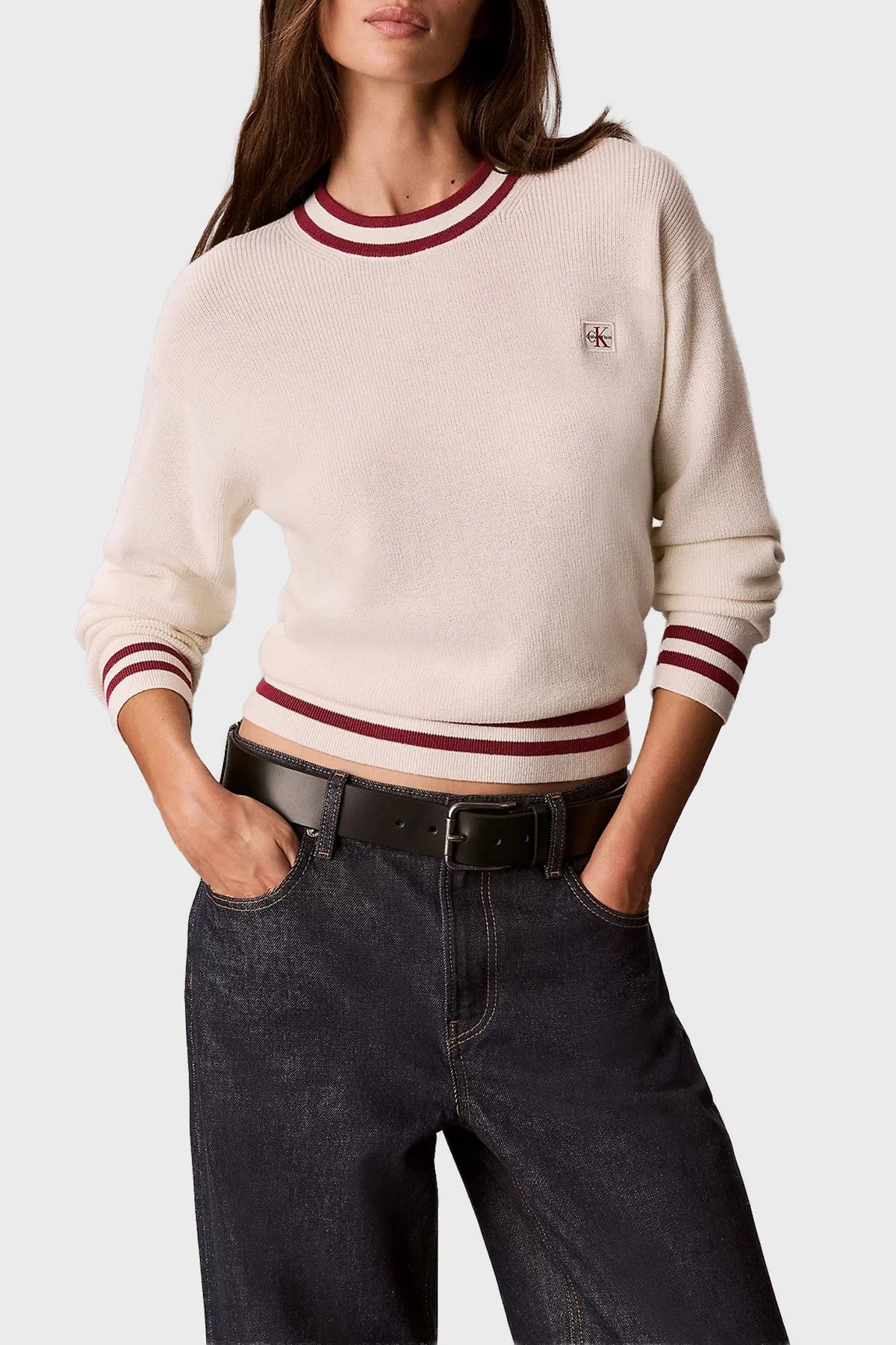Calvin Klein Pamuklu Çizgi Detaylı Bisiklet Yaka LV047H303GYAS Kadın Kazak LV047H303G YAS Krem - 1