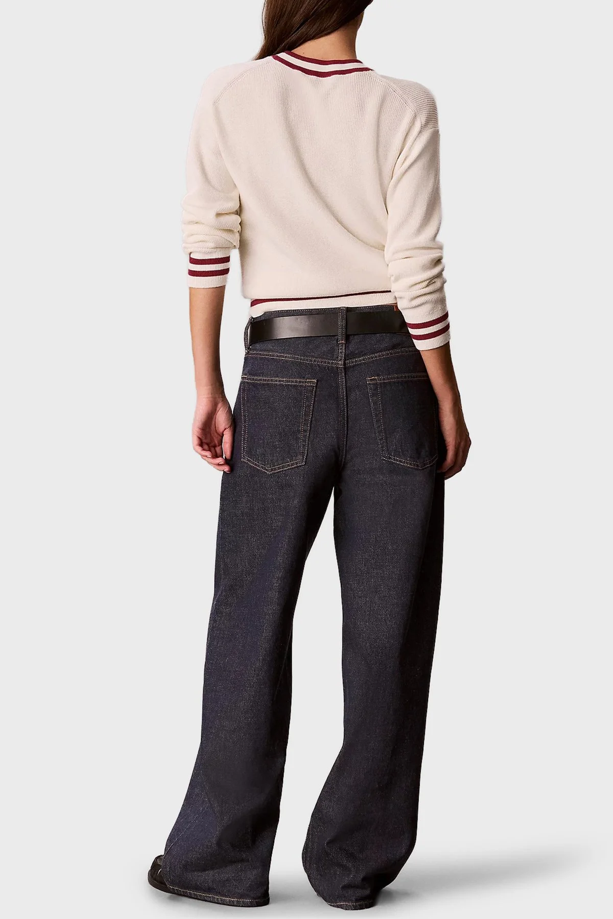 Calvin Klein Pamuklu Çizgi Detaylı Bisiklet Yaka LV047H303GYAS Kadın Kazak LV047H303G YAS Krem - 3
