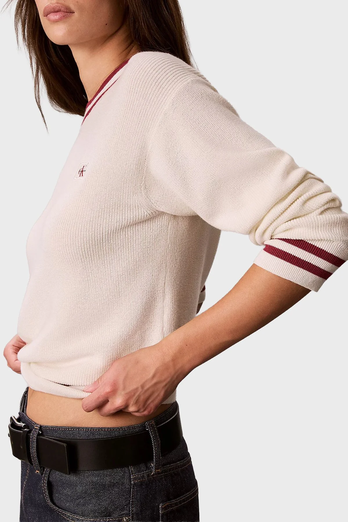 Calvin Klein Pamuklu Çizgi Detaylı Bisiklet Yaka LV047H303GYAS Kadın Kazak LV047H303G YAS Krem - 4