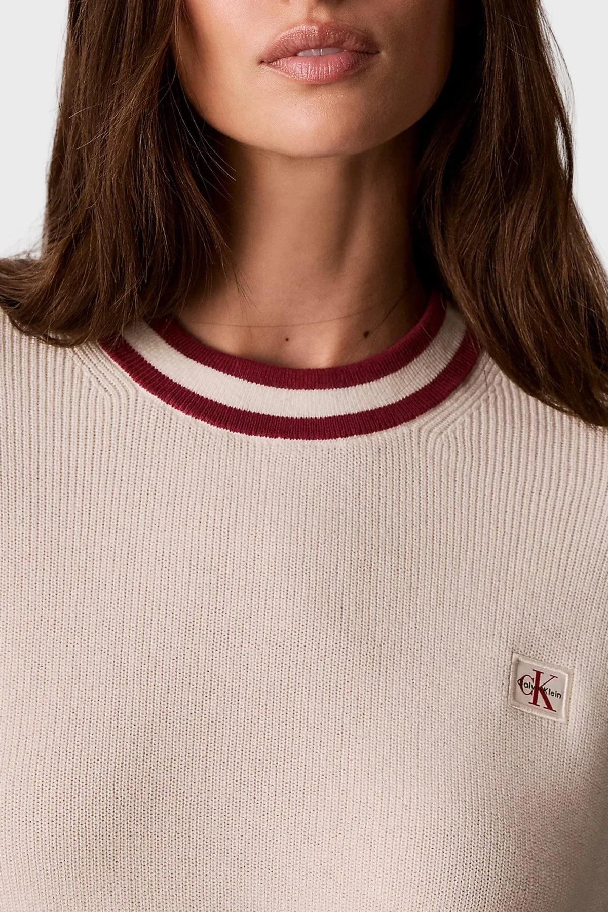 Calvin Klein Pamuklu Çizgi Detaylı Bisiklet Yaka LV047H303GYAS Kadın Kazak LV047H303G YAS Krem - 5