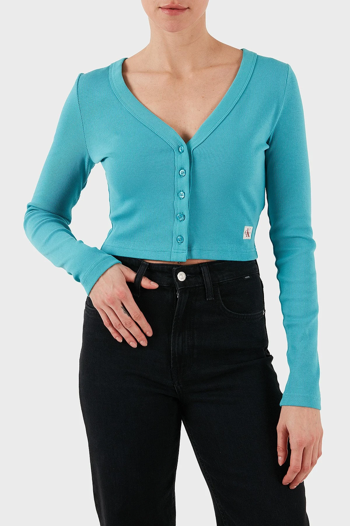 Calvin Klein Pamuklu Fitted Fit V Yaka Fitilli Kısa LV047C204GXEG Bayan Hırka LV047C204G XEG TURKUAZ - 1