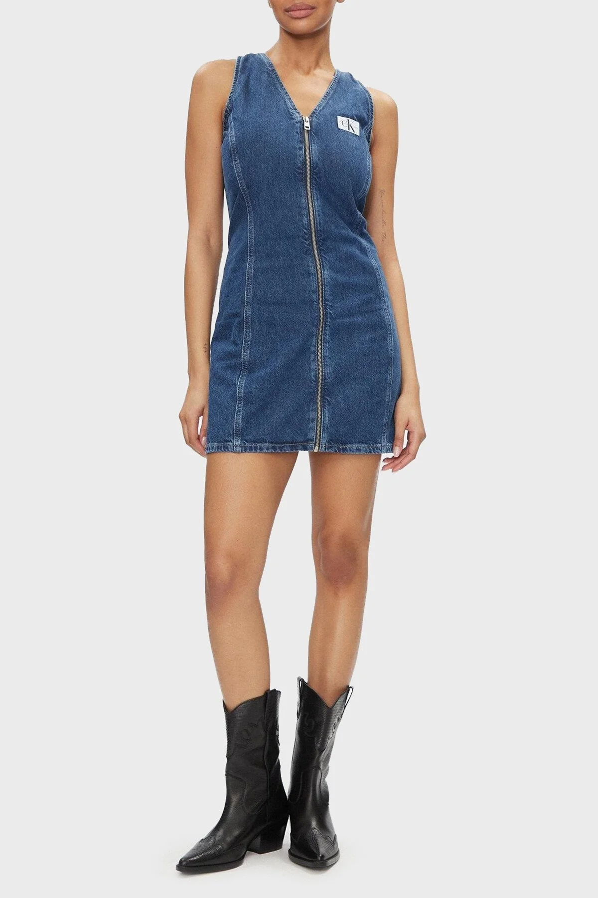 Calvin Klein Pamuklu Fitted Mini Denim J20J2234311A4 Bayan Elbise J20J223431 1A4 KOYU MAVİ - 6