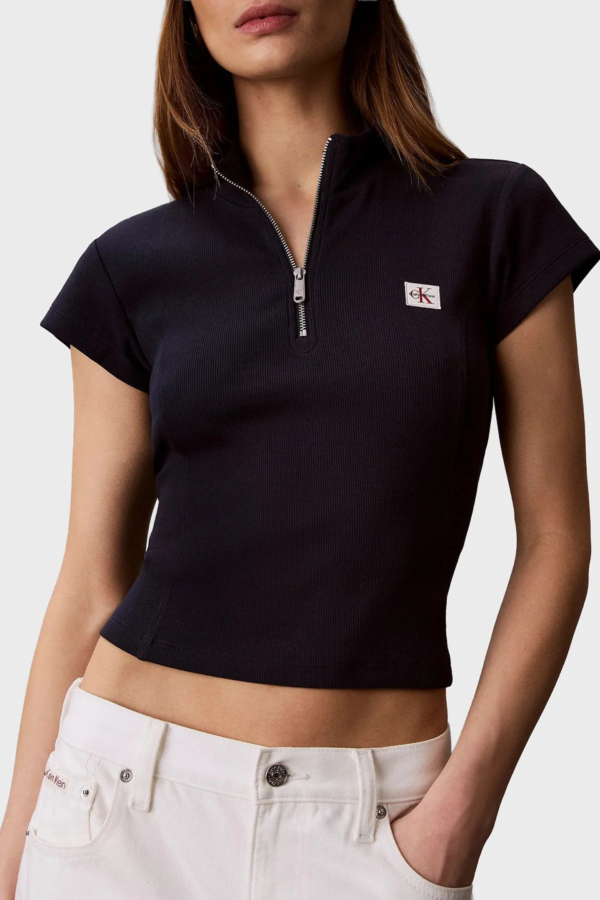 Calvin Klein Pamuklu Logolu Slim Fit Fermuarlı Dik Yaka LV047G240GCEF Kadın Top LV047G240G CEF LACİVERT - 4