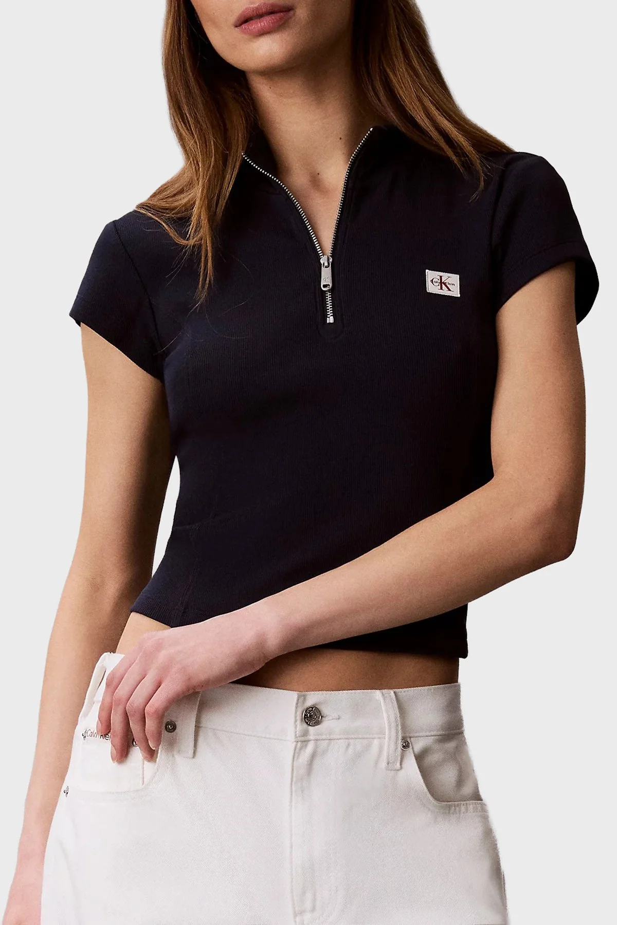 Calvin Klein Pamuklu Logolu Slim Fit Fermuarlı Dik Yaka LV047G240GCEF Kadın Top LV047G240G CEF LACİVERT - 5