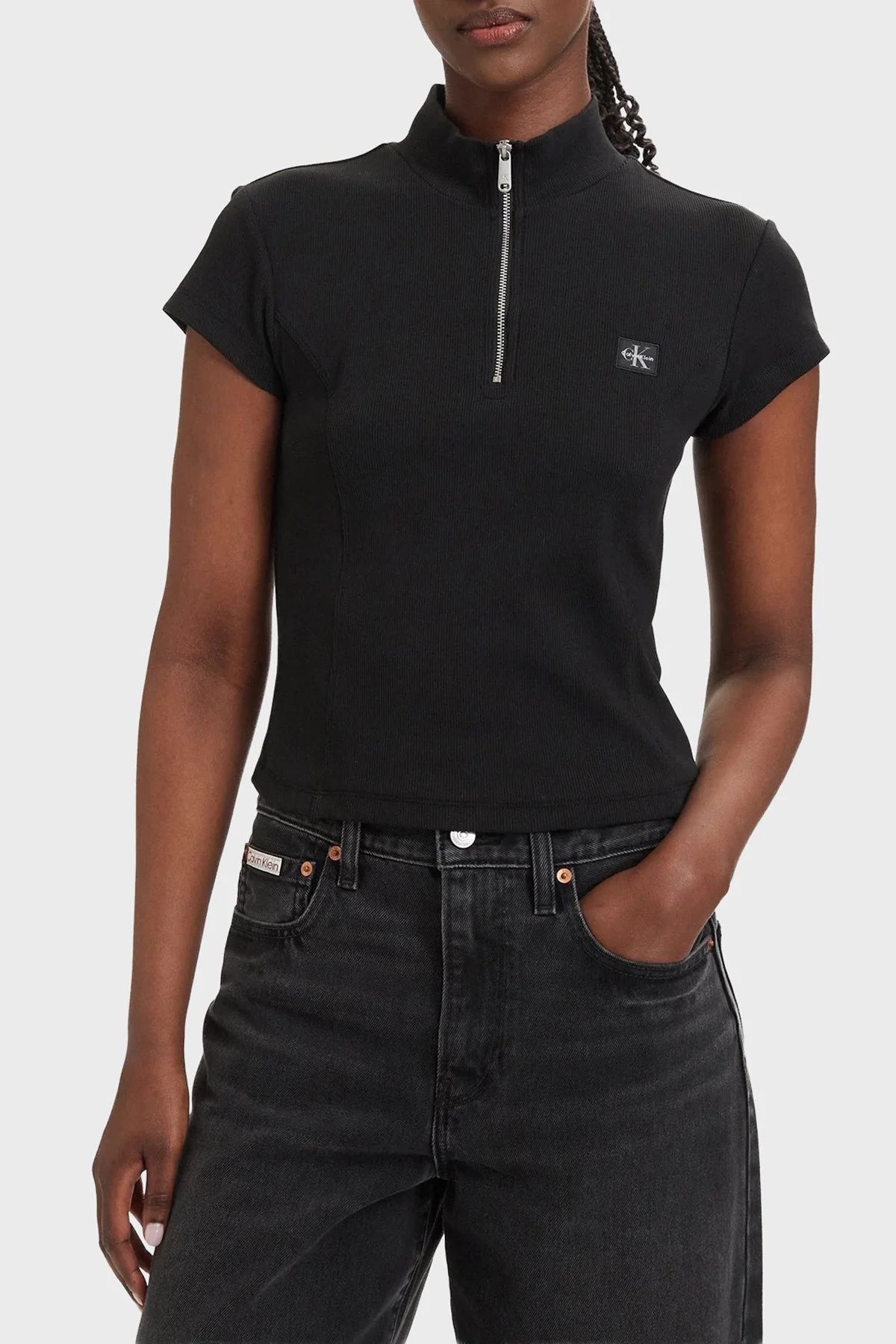 Calvin Klein Pamuklu Logolu Slim Fit Fermuarlı Dik Yaka LV047G240GUB1 Kadın Top LV047G240G UB1 SİYAH - 1