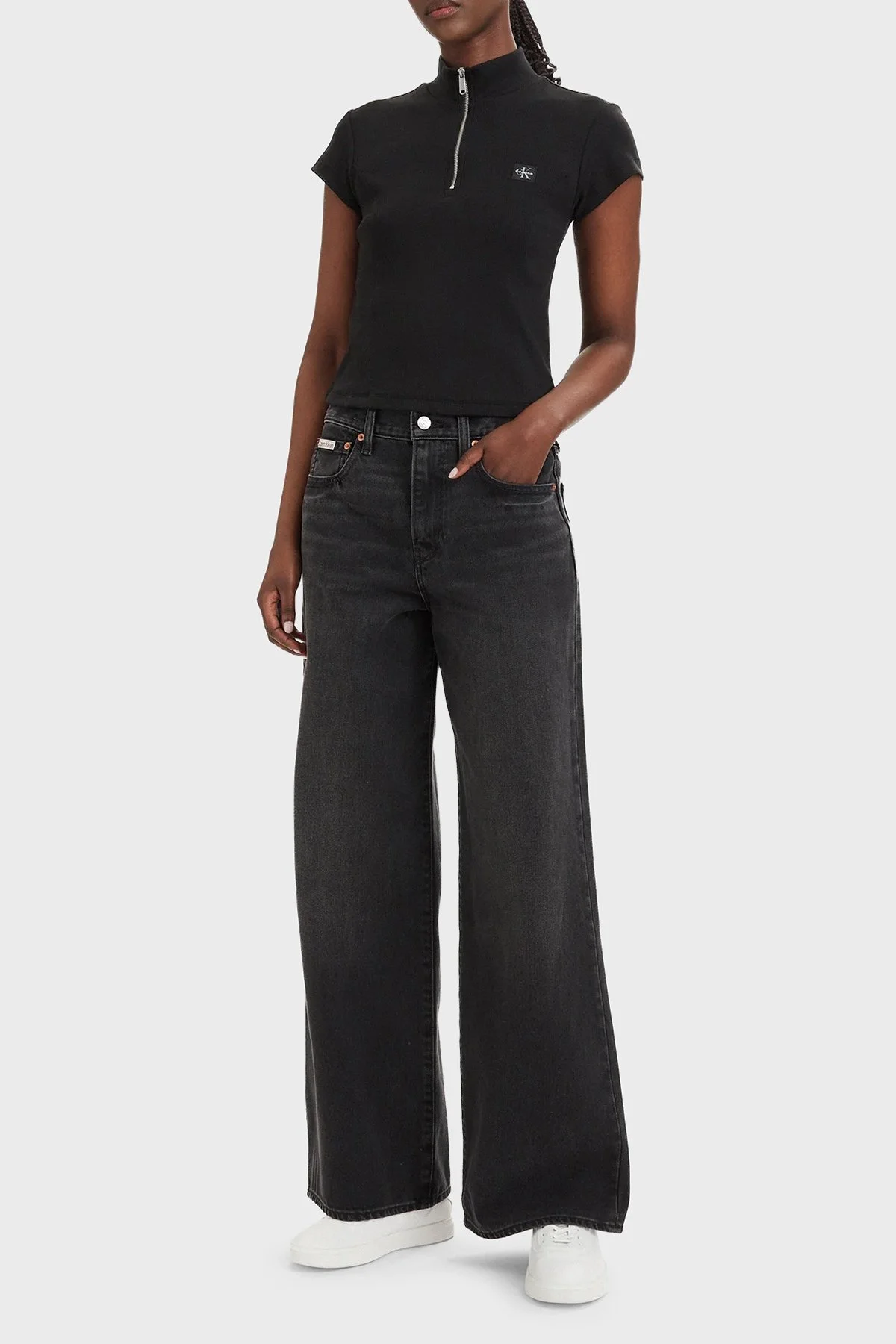 Calvin Klein Pamuklu Logolu Slim Fit Fermuarlı Dik Yaka LV047G240GUB1 Kadın Top LV047G240G UB1 SİYAH - 2