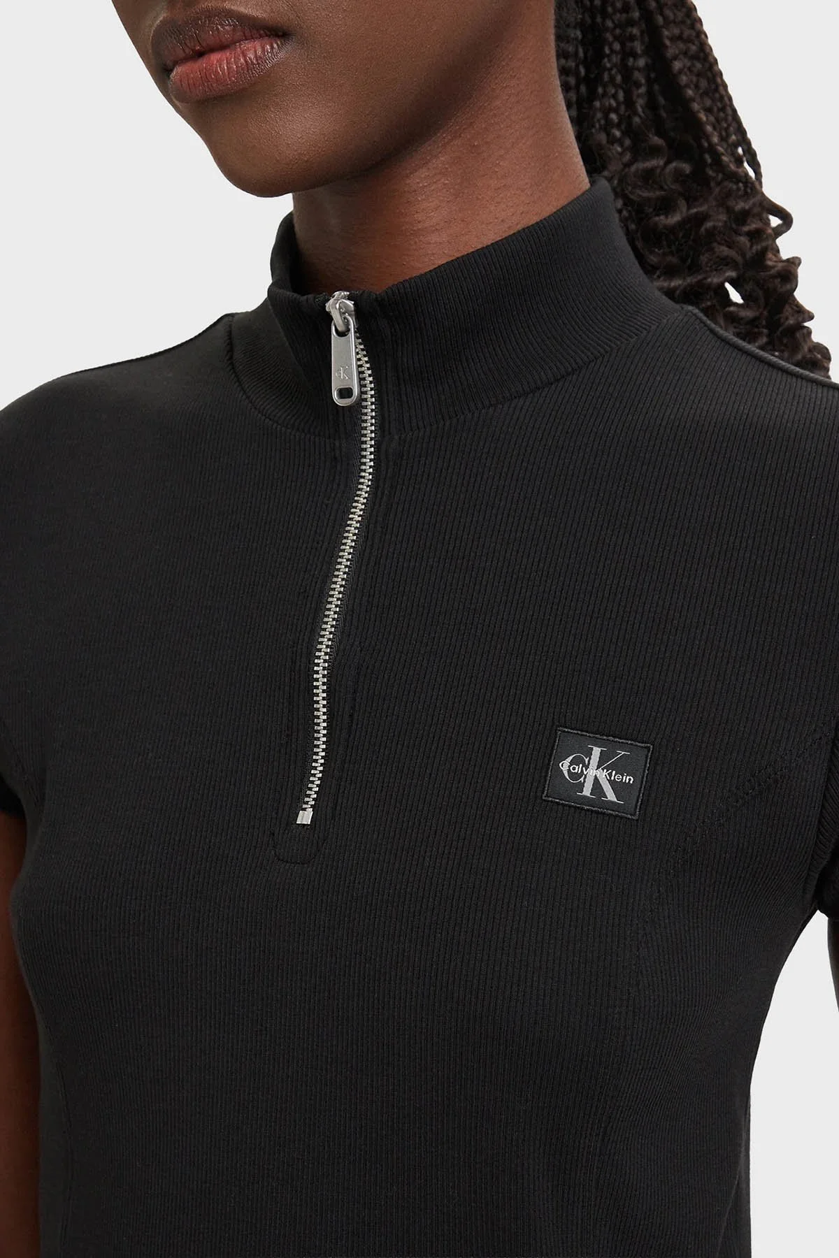 Calvin Klein Pamuklu Logolu Slim Fit Fermuarlı Dik Yaka LV047G240GUB1 Kadın Top LV047G240G UB1 SİYAH - 4