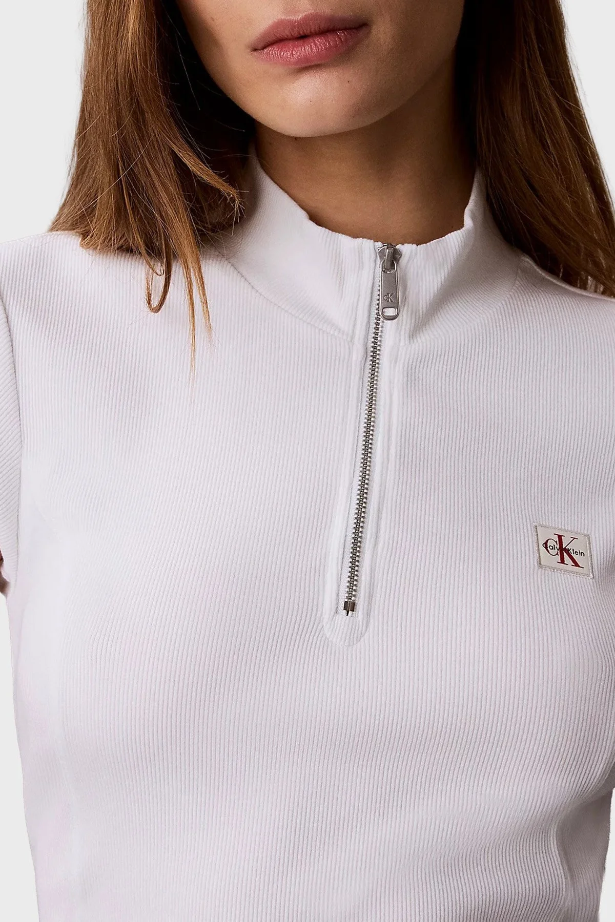 Calvin Klein Pamuklu Logolu Slim Fit Fermuarlı Dik Yaka LV047G240GYAF Kadın Top LV047G240G YAF BEYAZ - 5