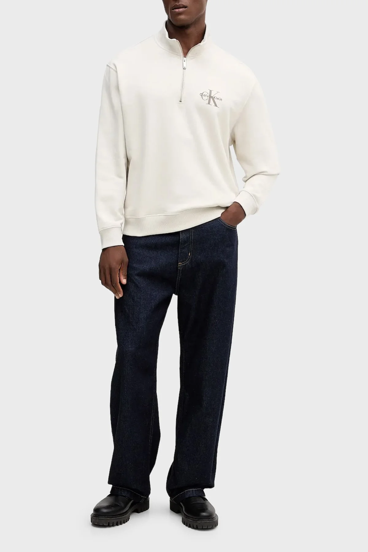 Calvin Klein Pamuklu Loose Fit Yarım Fermuarlı Dik Yaka LV04RD244G67U Erkek Sweat LV04RD244G 67U EKRU - 2