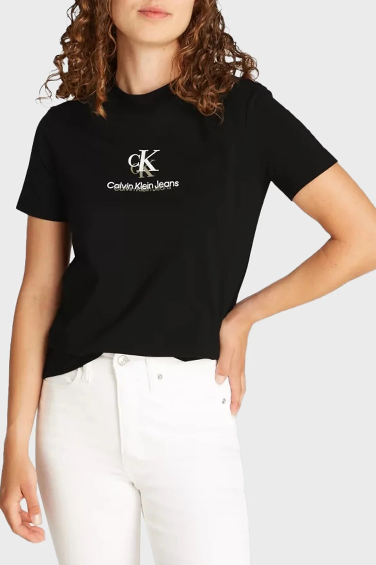 Calvin Klein Pamuklu Monogram Logo Baskılı Regular Fit Bisiklet Yaka J20J225545BEH Bayan T Shirt J20J225545 BEH SİYAH - 1