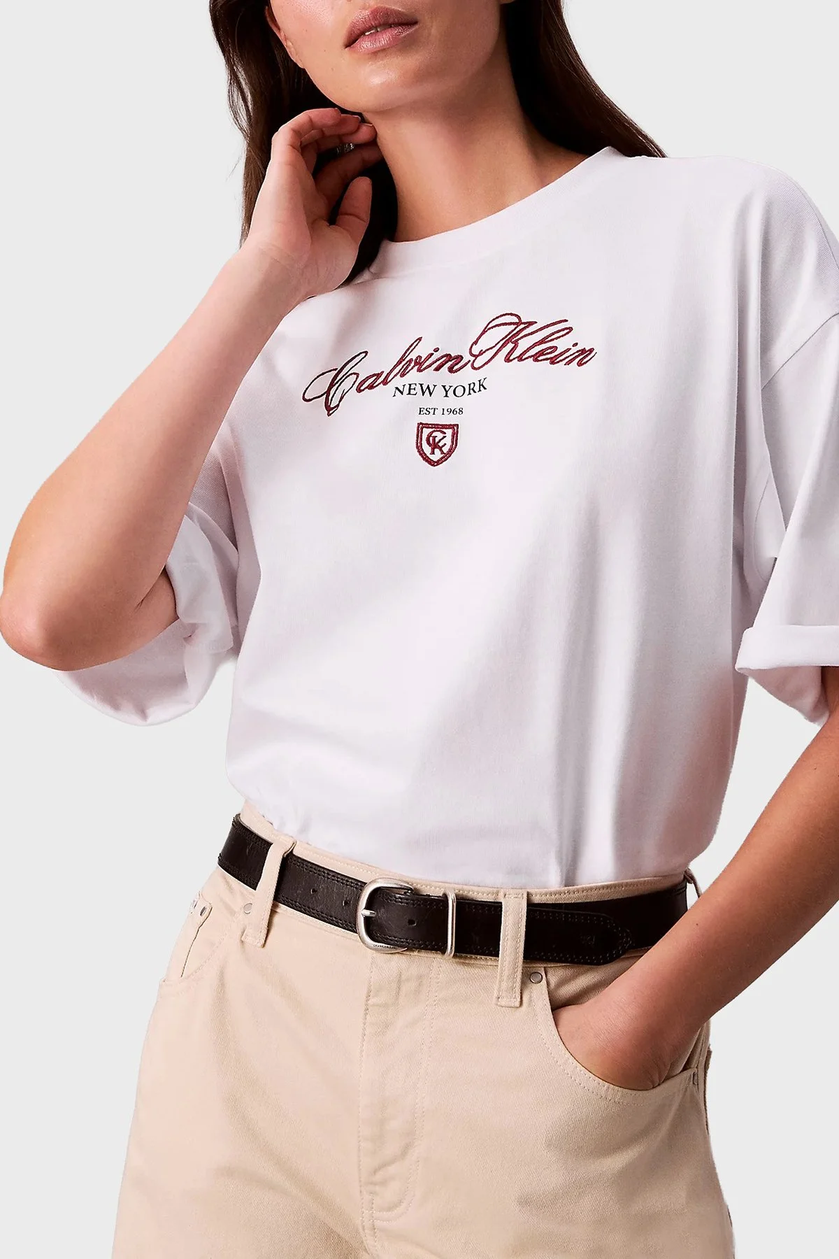 Calvin Klein Pamuklu Oversize Bisiklet Yaka Logolu LV047E232GYAA Bayan T Shirt LV047E232G YAA BEYAZ - 5