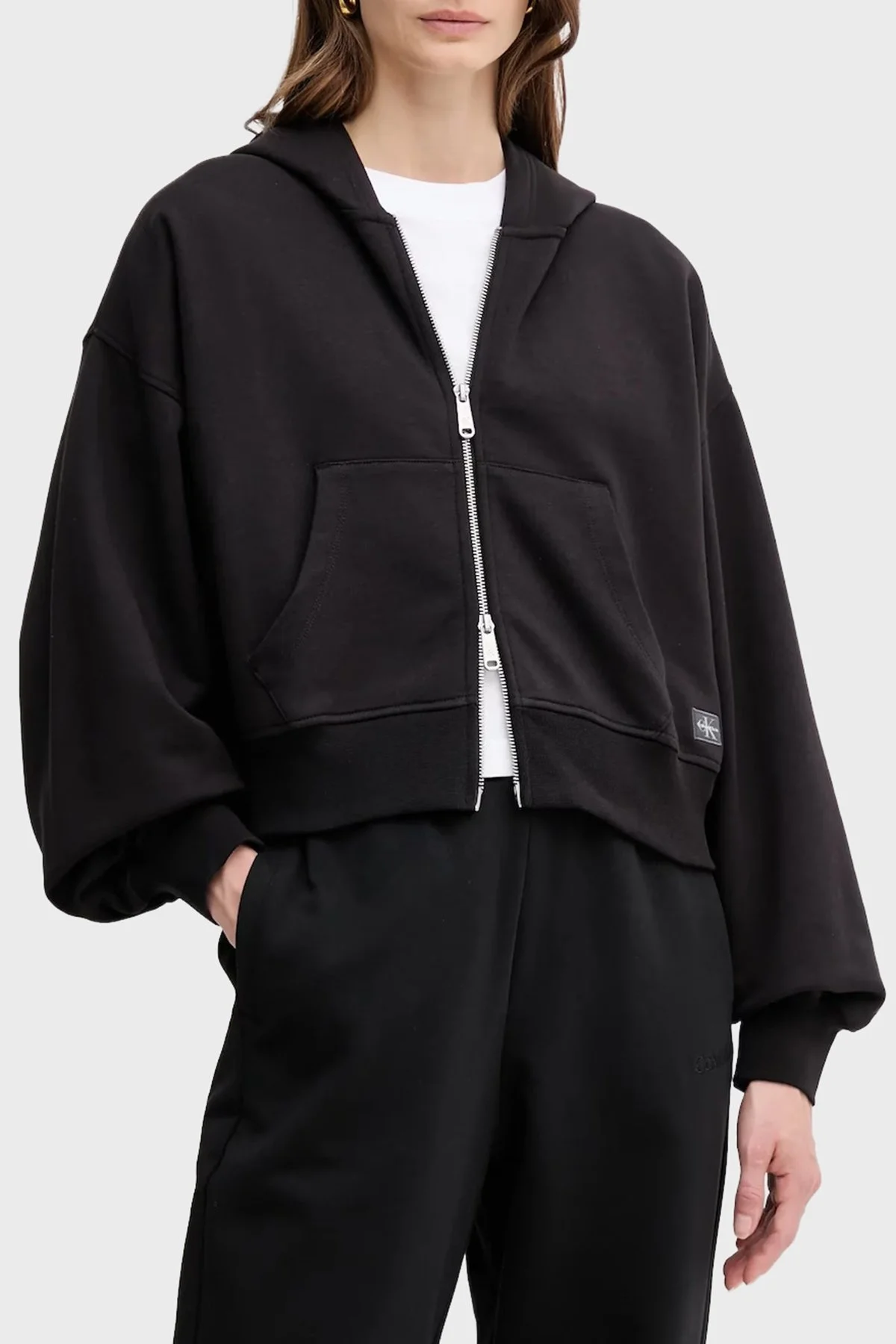 Calvin Klein Pamuklu Oversize Fit Kapüşonlu Crop LV047C216GUB1 Bayan Sweat LV047C216G UB1 SİYAH - 1