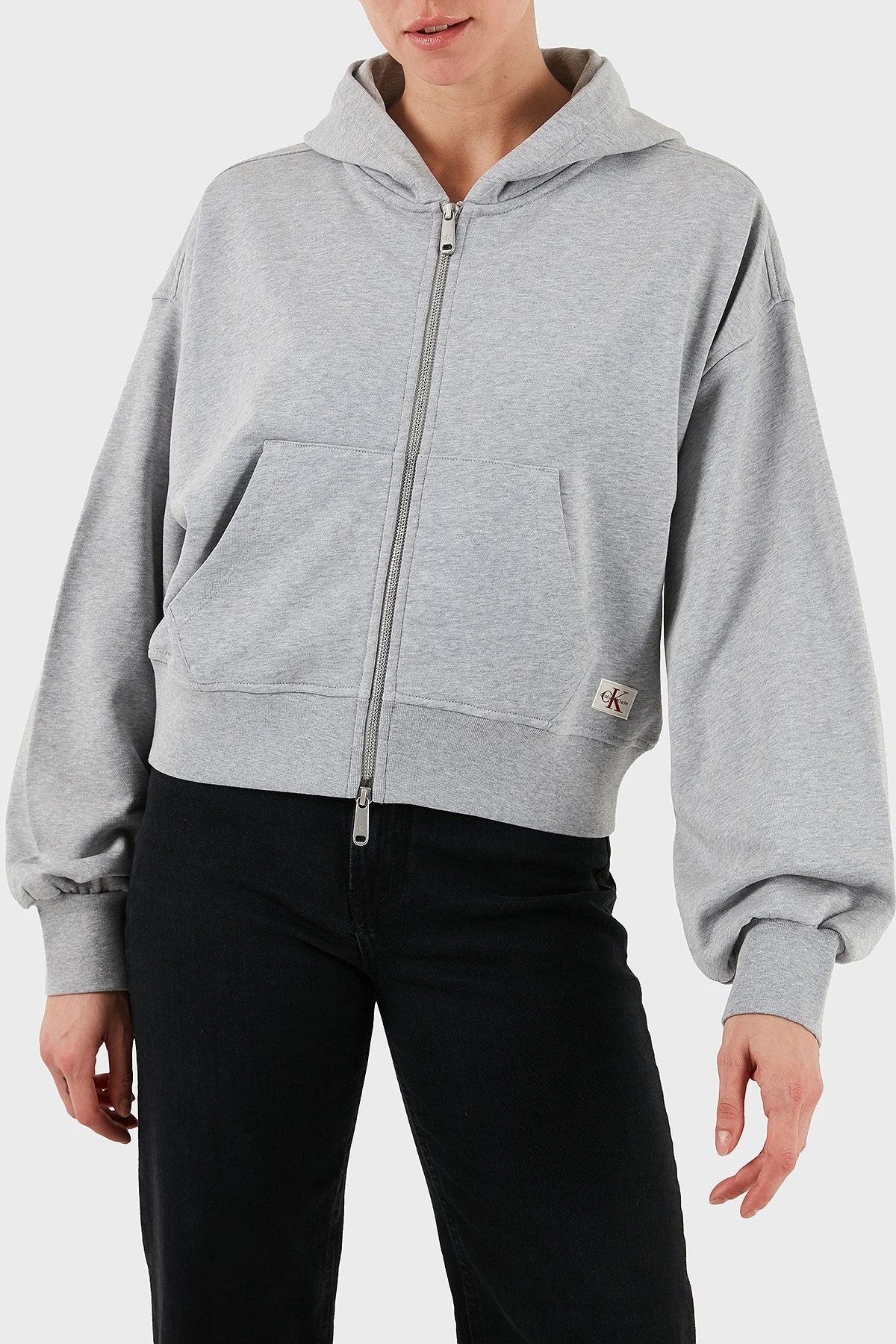 Calvin Klein Pamuklu Oversize Fit Kapüşonlu Fermuarlı Crop LV047C216GP79 Bayan Sweat LV047C216G P79 GRİ - 1