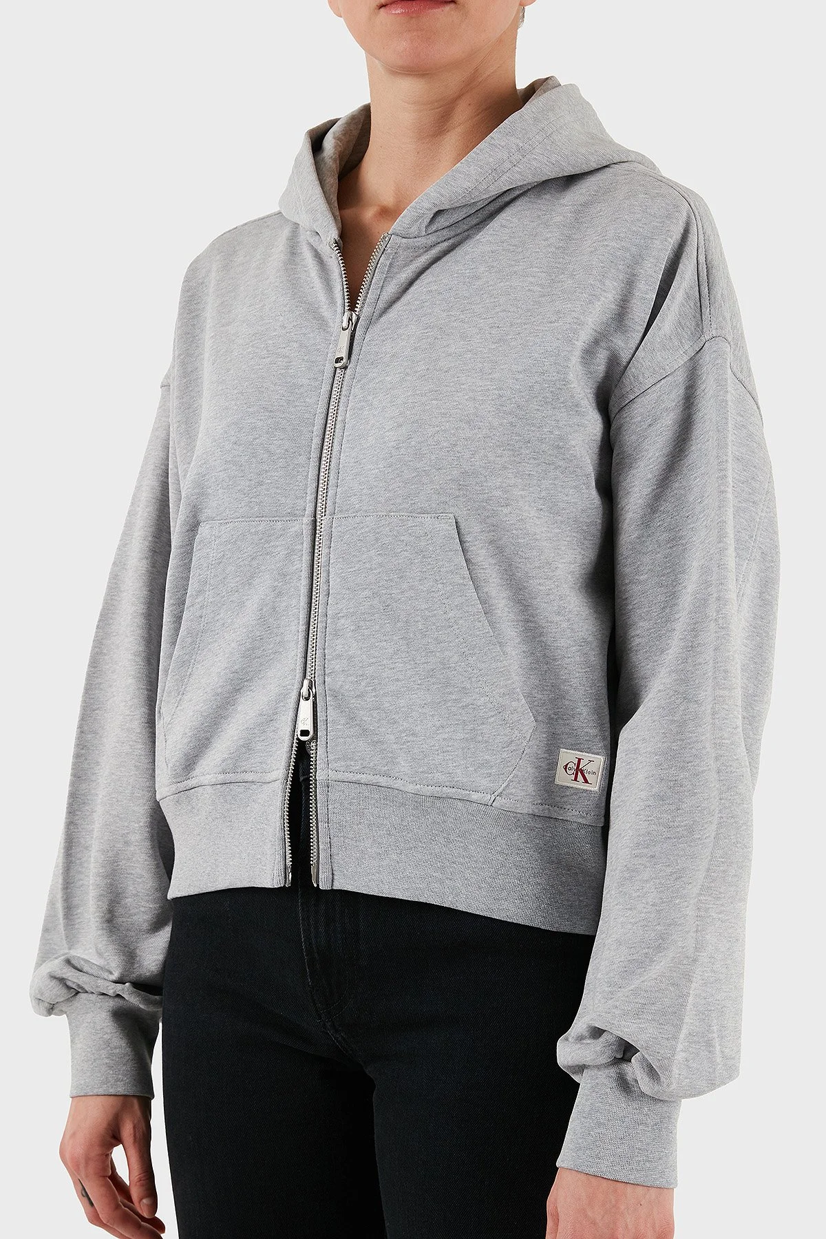 Calvin Klein Pamuklu Oversize Fit Kapüşonlu Fermuarlı Crop LV047C216GP79 Bayan Sweat LV047C216G P79 GRİ - 5