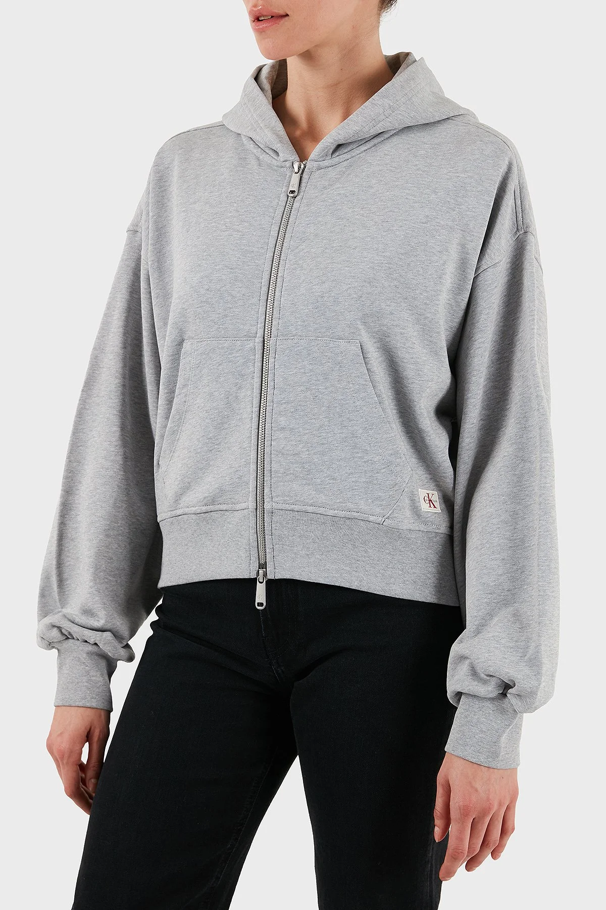 Calvin Klein Pamuklu Oversize Fit Kapüşonlu Fermuarlı Crop LV047C216GP79 Bayan Sweat LV047C216G P79 GRİ - 7